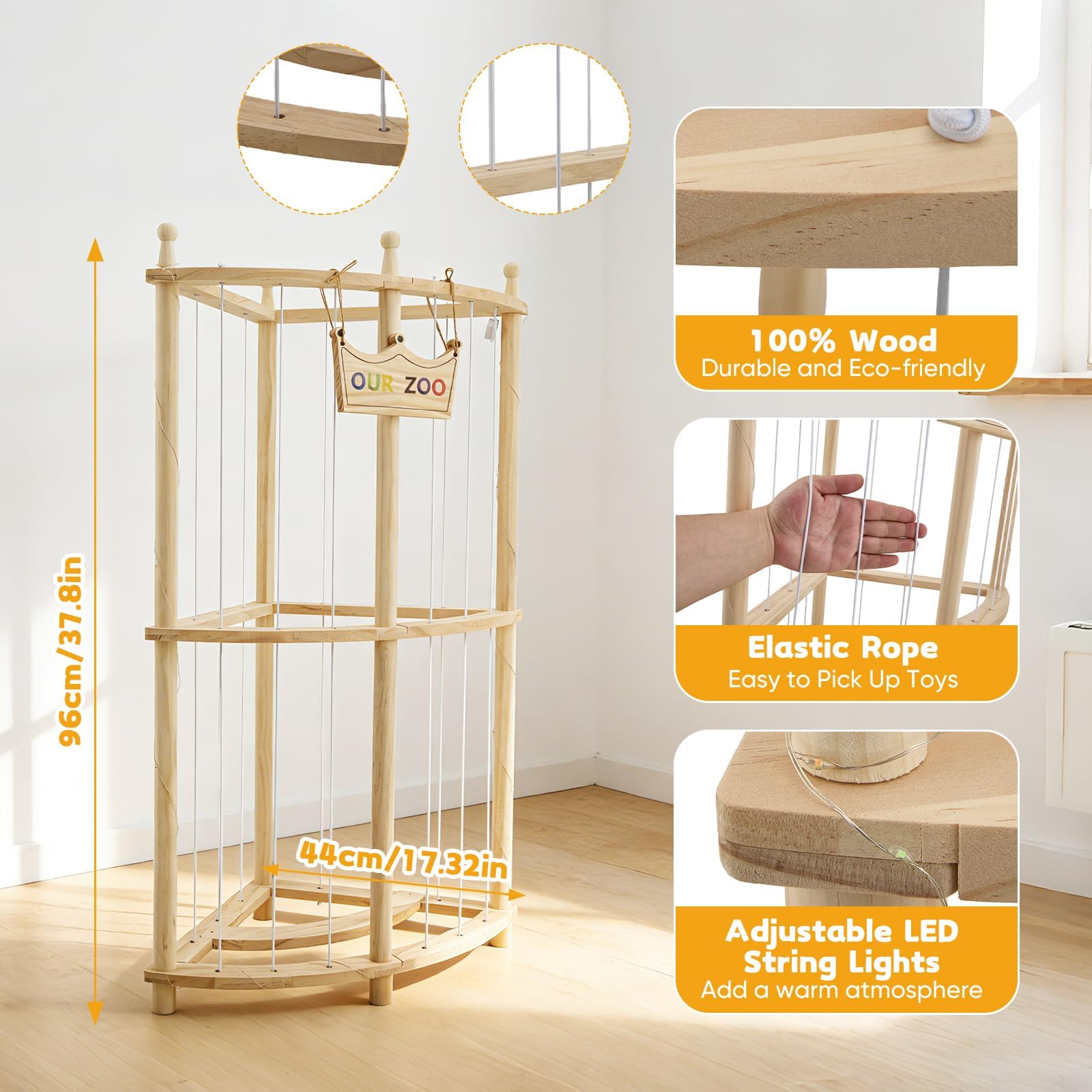 Angolo Porta Peluche 2 Ripiani in Legno Massivo con Luci LED, 96×44×44cm Organizzatore Senza Ruote, Supporto Peluche con Fascia Elastica per Cameretta Bambini, Sala Giochi & Soggiorno