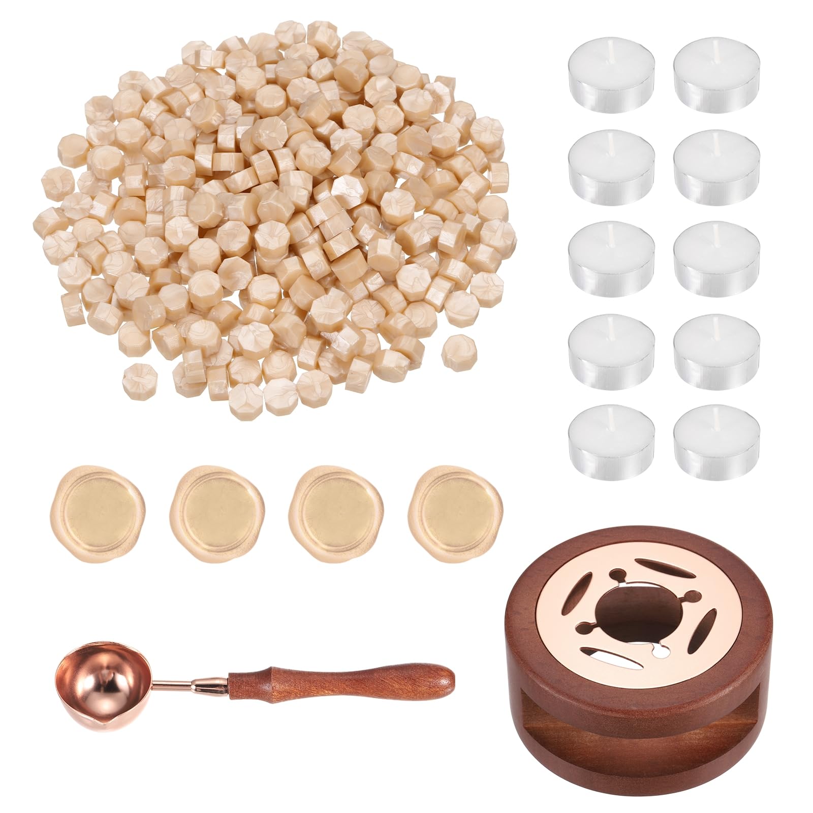 PATIKIL Wax Seal Kit, 300 Pcs Wax Sealing Beads, Wooden Warmer, Melted Spoon, 10 Pcs Tealight Candles for Envelope Letter Mailing Crafts DIY, Pendant Orange