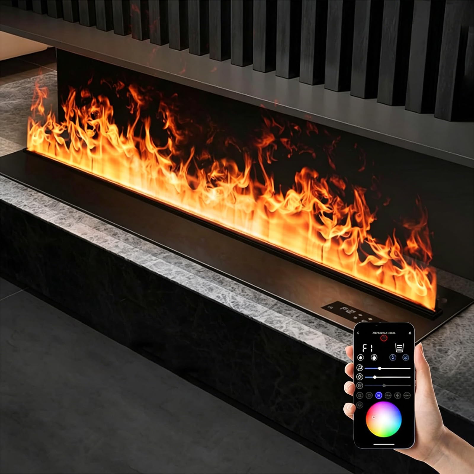 Camino elettrico a vapore acqueo 3D con fiamma atomizzata realistica, colori della fiamma regolabili, livelli di luminosità, telecomando, timer, touch e app