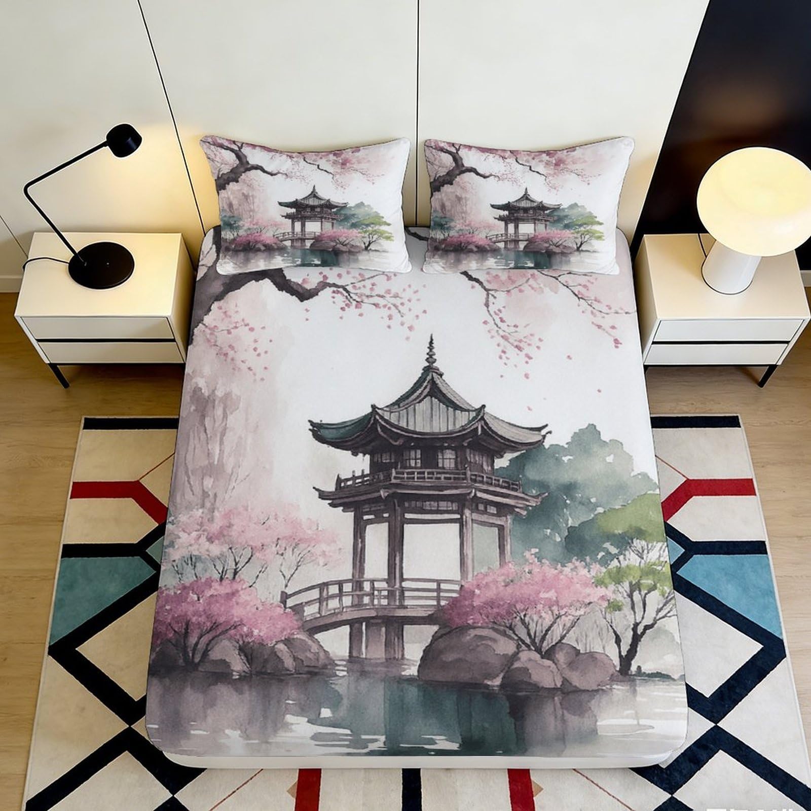 3D Printed Sakura Garden Fitted Sheet Microfiber Soft Japanese Pagoda Bed Cover Anti-Slip Easy Care for Bedroom Guestroom Decor 90x200x25cm