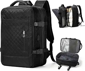 Mochila de viagem grande unissex, aprovada como bagagem de mão para avião, tamanho de item pessoal, mochila de trabalho e viagem com compartimento para sapatos, preta