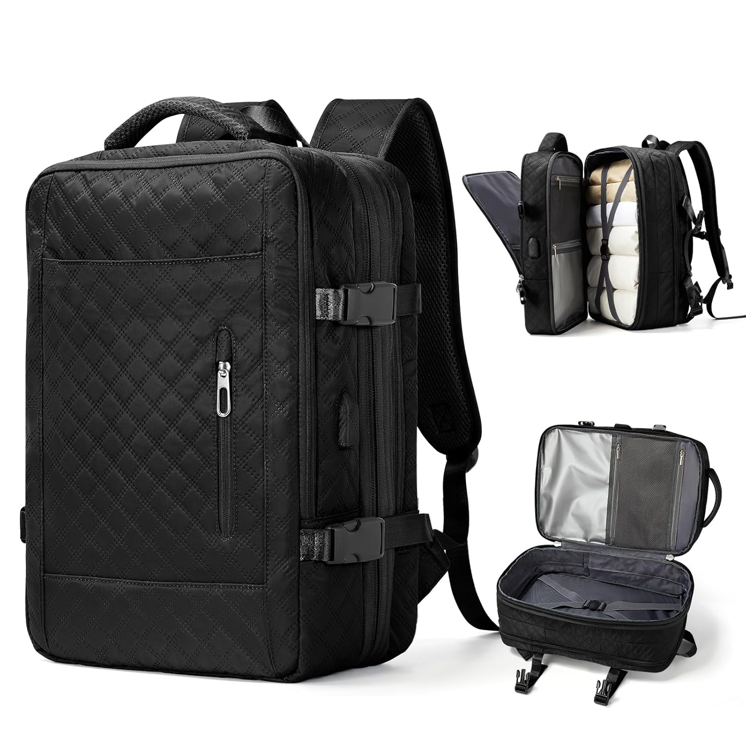 Mochila de viagem grande unissex, aprovada como bagagem de mão para avião, tamanho de item pessoal, mochila de trabalho e viagem com compartimento para sapatos, preta