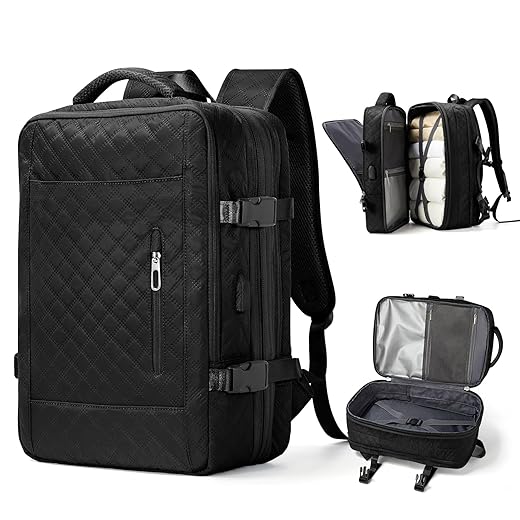 Mochila de viagem grande unissex, aprovada como bagagem de mão para avião, tamanho de item pessoal, mochila de trabalho e viagem com compartimento para sapatos, preta