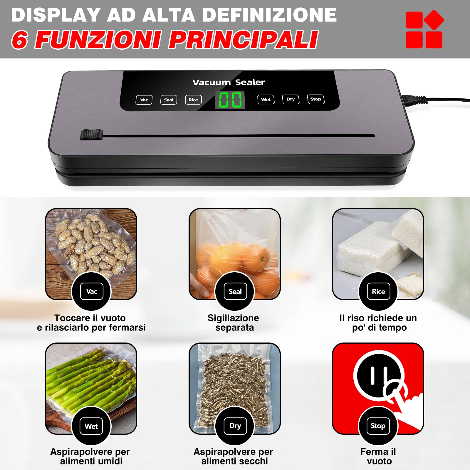 Macchina Sottovuoto per Alimenti 120 W, Sistema di confezionamento in 10 secondi, Pressione del vuoto di 0,75 Bar, Sigillatura silenziosa, 6 Modalità, con 10 Sachetti Sottovuoto, Nero