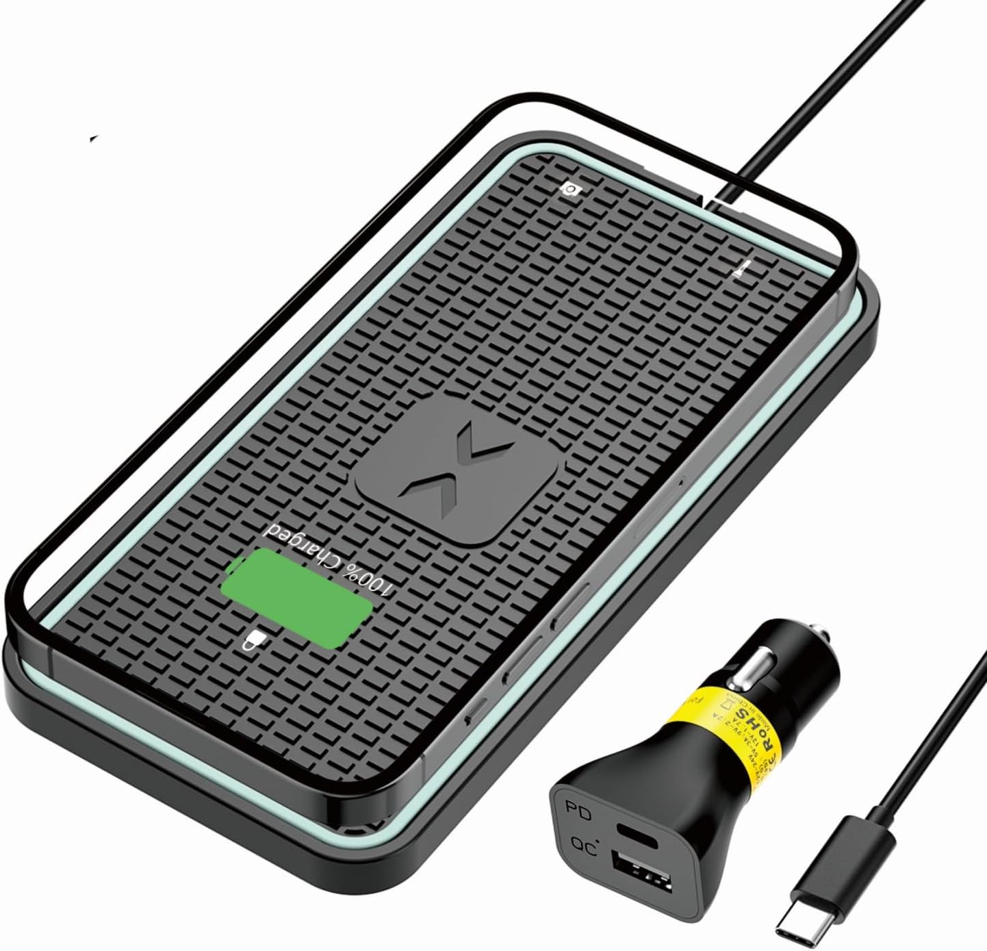 Polmxs Wireless Car Charger Pad, 15W USB C Wireless Charging Pad for Car Non Slip Wireless Phone Mat with 40W Fast Car Charger for iPhone 15/14/13/12/8 Samsung S23/S22/21 Airpods