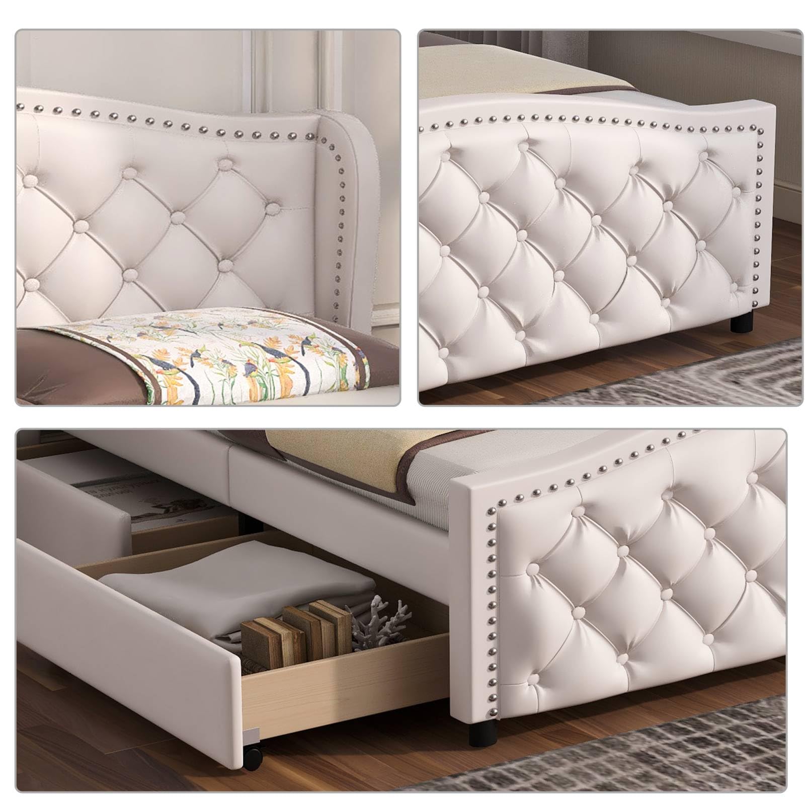 Letto con testiera regolabile e 4 cassetti portaoggetti - 140 x 200 cm