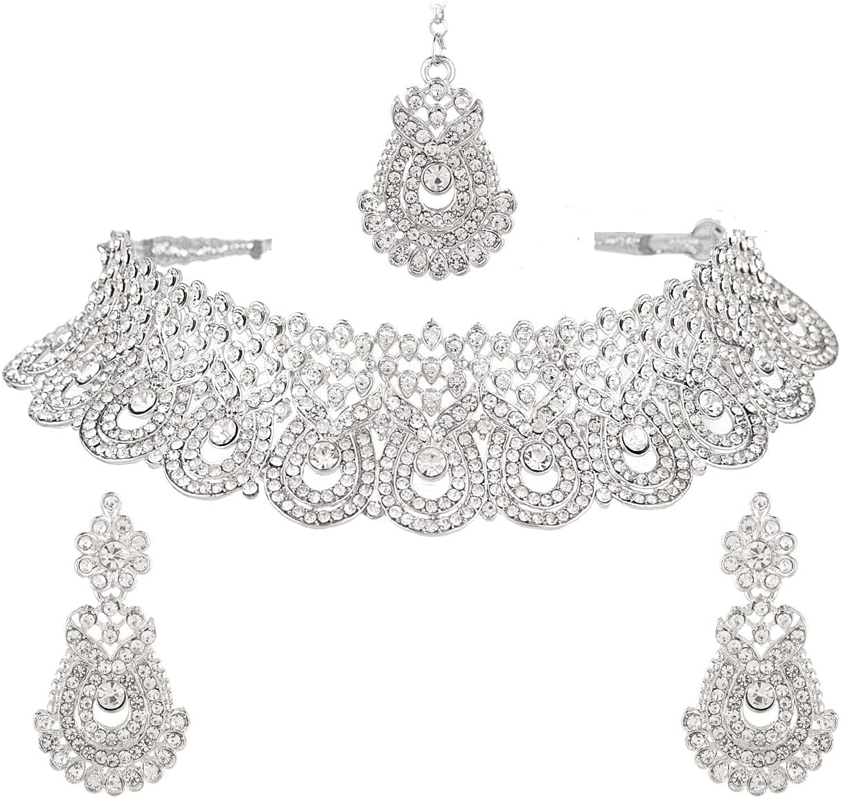 Efulgenz Crystal Indian Jewelry Set Rhinestone Crystal Choker Necklace Earrings Maang Tikka Set Wedding Bollywood Bridal Jewelry Set for Women