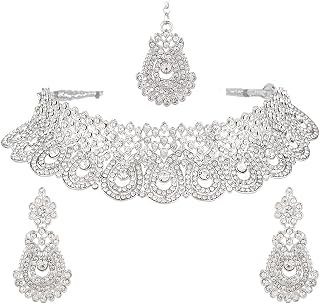 Crystal Indian Jewelry Set Rhinestone Crystal Choker Necklace Earrings Maang Tikka Set Wedding Bollywood Bridal Jewelry Set for Women