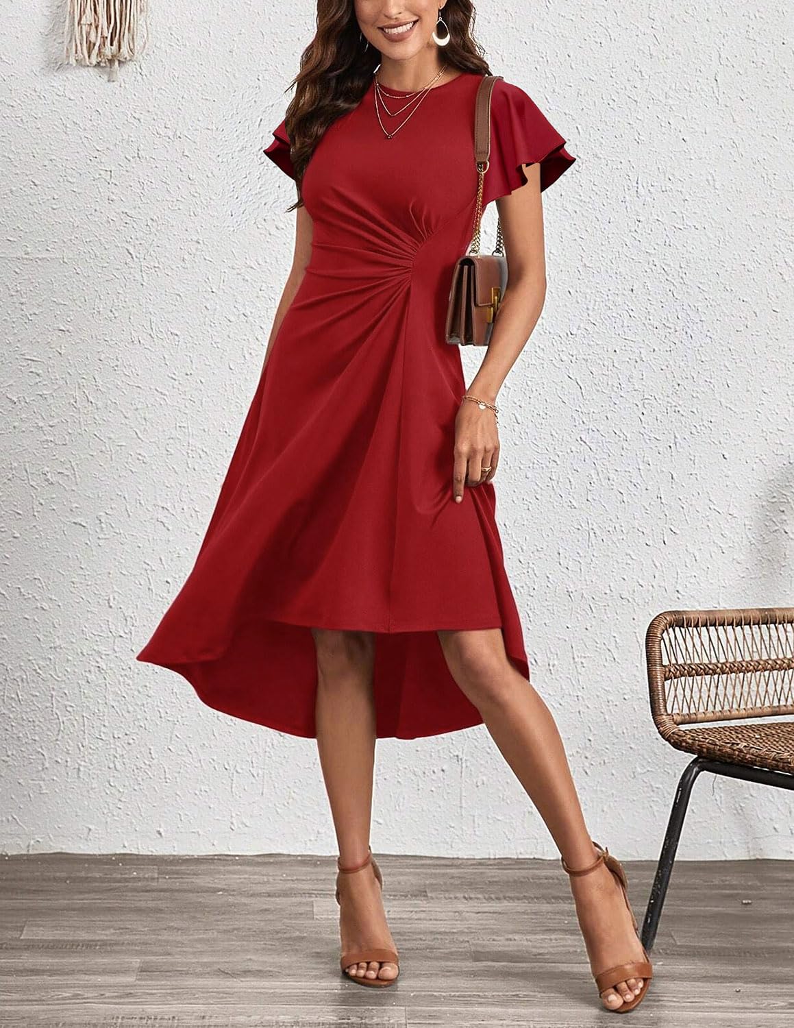 Vestido Mujer Elegante Verano Manga Corta Pliegue en la Cintura Vestido A-línea Coctel Vestidos de Boda Invitada