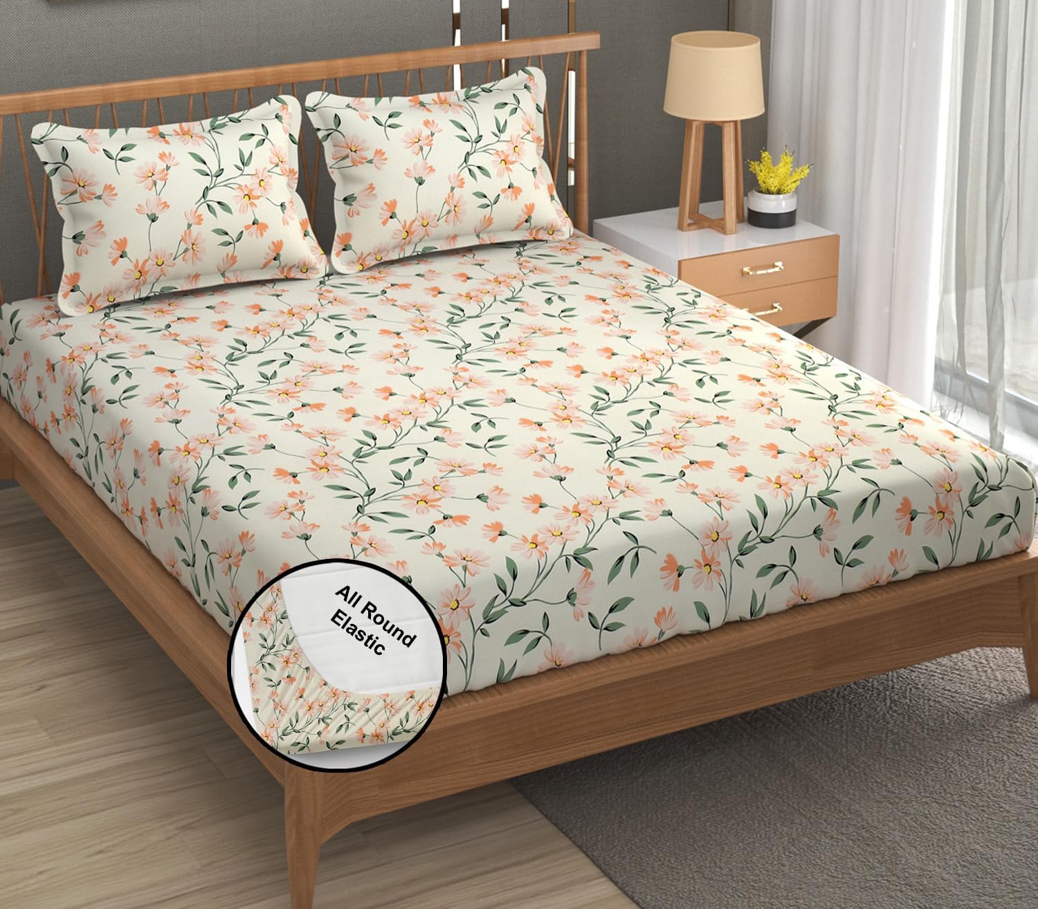 DECOMIZER 300 TC Cotton Feel All Around Elastic Fitted Glace Printed Queen Size Double Bed Bedsheet with 2 Large Pillow Covers Fits Upto Mattress of 8 Inches, Size - 60 x 78 x 10 Inches, Cream Color