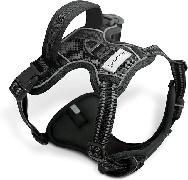 FurDreams Dog Harness  Secure Padded Vest Harness, Comfortable Material with Reflective Strips, Non-Restrictive, No Choke Fit with 4 Adjustable Straps, No Pull, Clip On Easy (Large, Black)