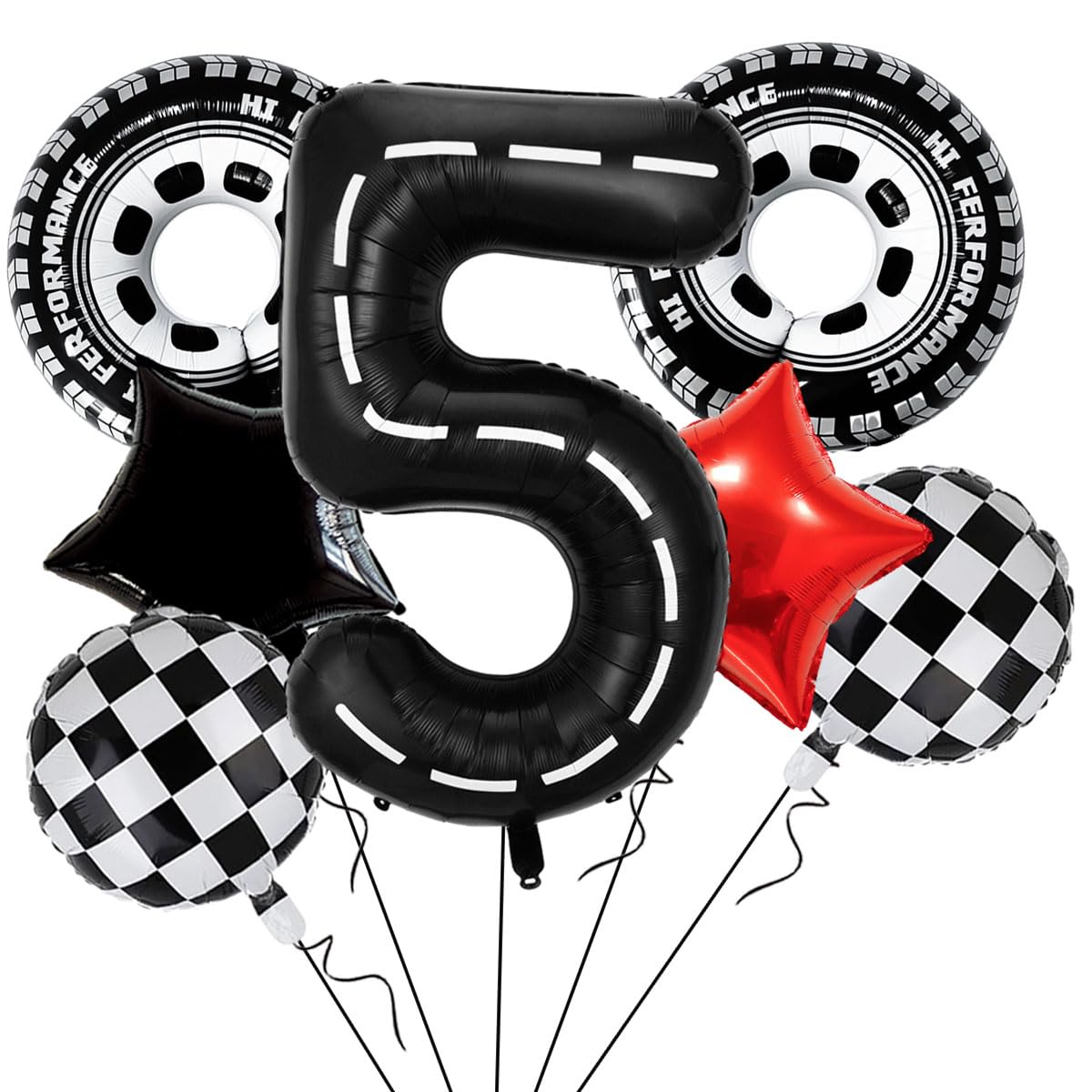 Race Car Balloons Birthday Party Decorations, Mylar Wheels Tire Balloons, Large 40 Inch Black Number 5 Balloons for 5th Boy Birthday Racing Theme