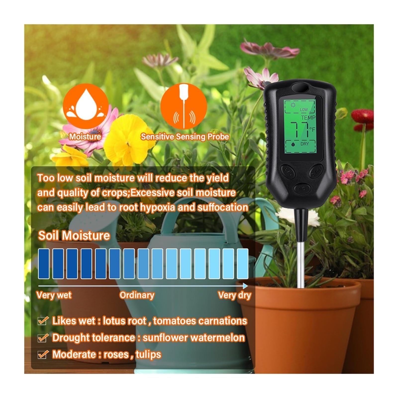 Feuchtigkeitsmesser, Bodenmessgerät PH/Feuchtigkeit/Sonnenlicht/Temperatur Luftfeuchtigkeitsmesser Säuremonitor Gartenarbeit Landwirtschaft Pflanzen Feuchtigkeitssensor Tester für Garten, Bauernhof