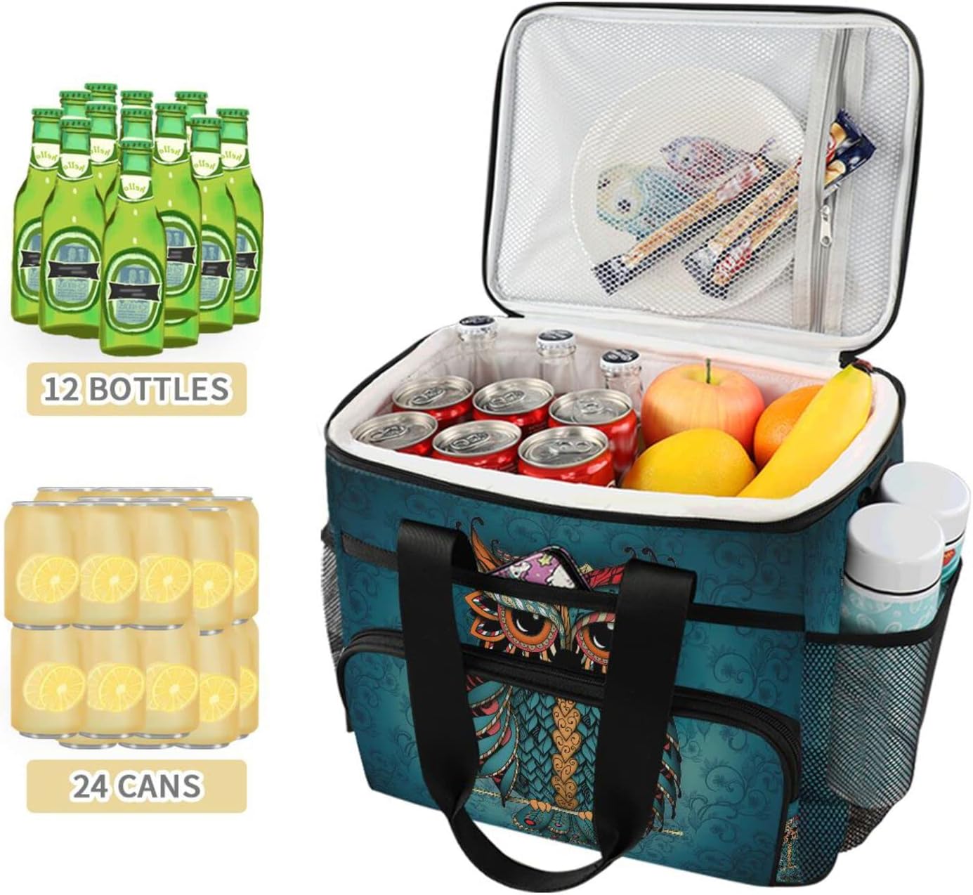Owl Print Boho Ethnic Cooler Bag Insulated Cooler Soft Sided Cooler 24 Can Portable Picnic Bag Large Leakproof Lunch Bag Box for Beach Grocery Camping Travel Car Men Women