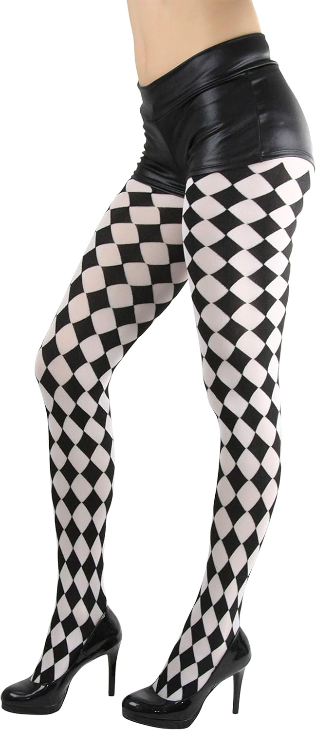 ToBeInStyle Women's Harlequin Checkered Diamond Optical Illusion Opaque Tights Pantyhose - Black & White - Image 6