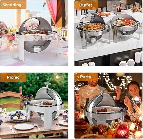Miniatura 2 de ROVSUN Juego de bufé redondo de 6 cuartos de galón con parte superior enrollada, acero inoxidable para catering, calentador de alimentos con ventana