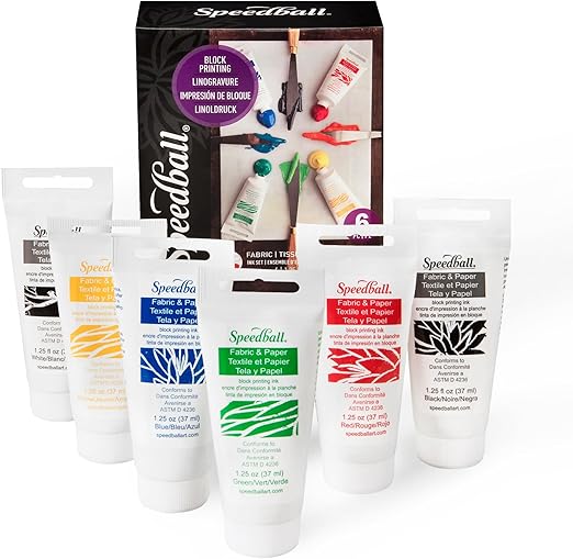 Speedball Premium Block Printing Ink Set - 6 Colors for Fabric and Paper - Water Soluble Oil Based Ink - 1.25 oz Each - Non Toxic Art Supplies