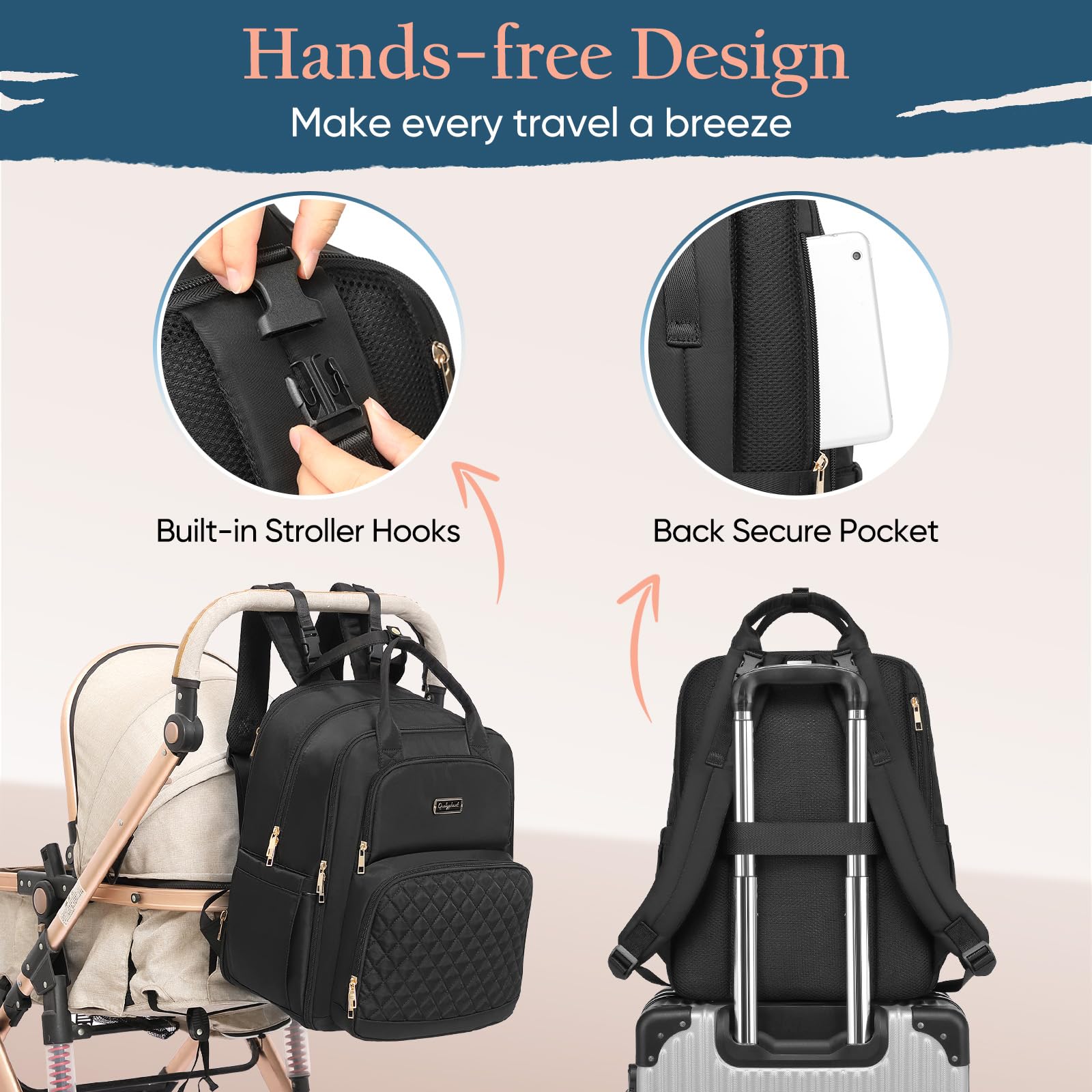 Qualyphant Mochila para pañales, expandible, 35 L, extra grande, para 2 niños gemelos, mochilas cambiadoras acolchadas para bebés