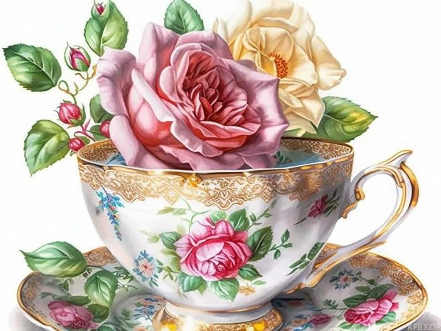 KFBXZIP Floral Teacup with Rose Cross Stitch Kits for Beginners Stamped Cross-Stitch Supplies Needlework DIY 11CT 3 Strands Cotton Thread Printed DIY Needlepoint Kits, 12x16 inch