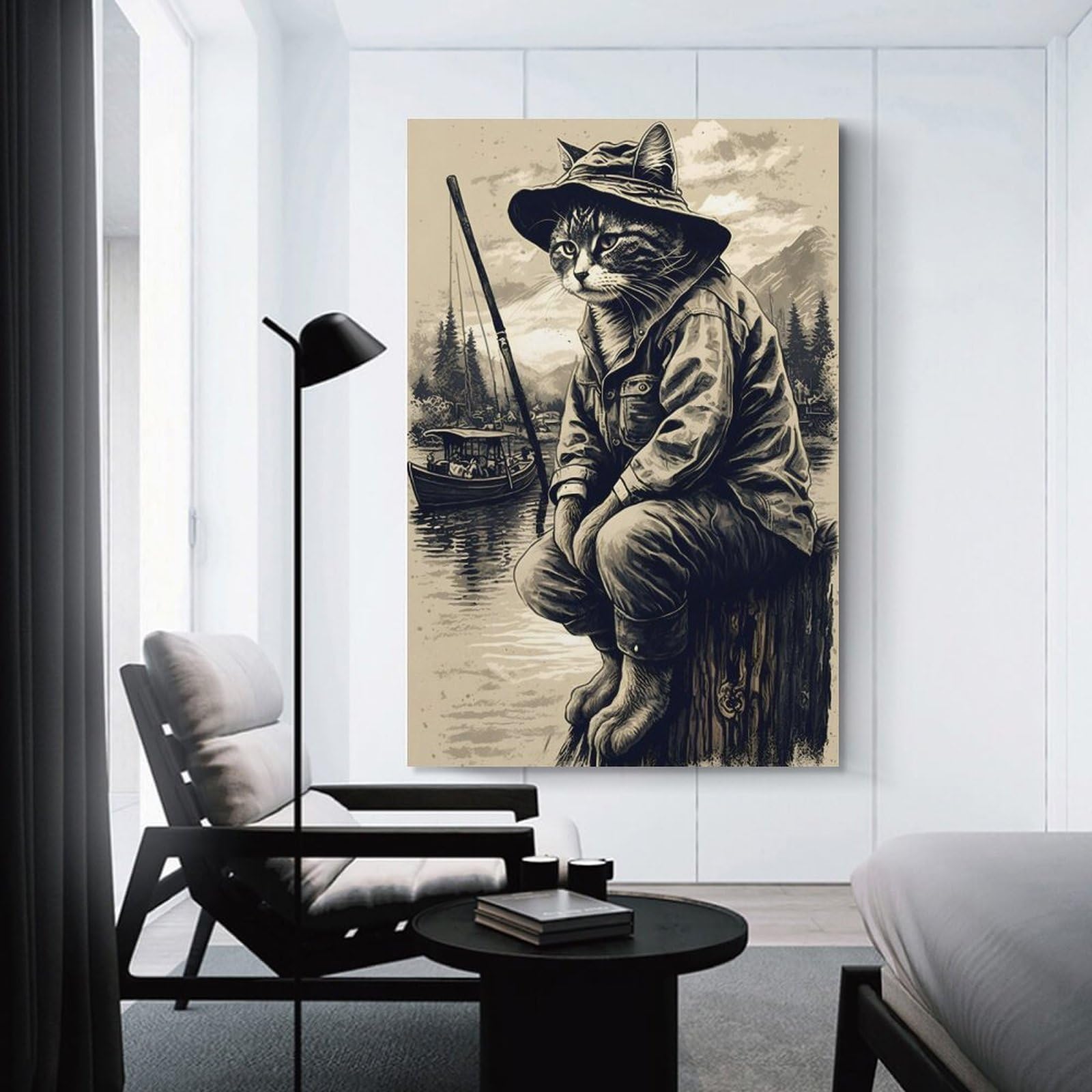Junmoney Unframe-Cat Fishing In A Lake Wall Picture Print Cat Fishing In A Lake, 20X30inch(50X75cm), For Hallway, Bedroom Or Modern Interiors, Thoughtful Wall Decor For Art Lovers