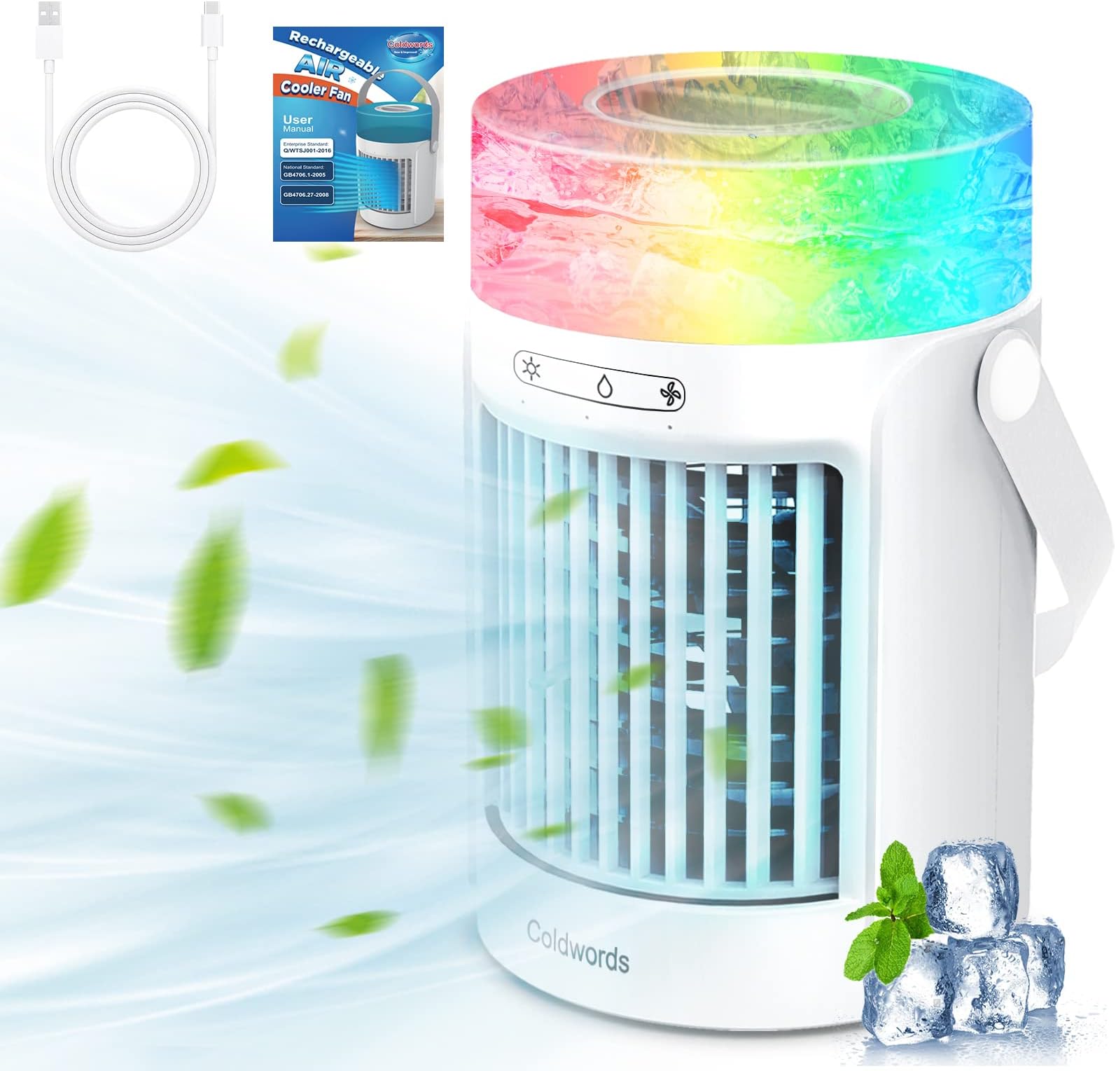 Air Conditioner, Portable Personal Mini Air Conditioner, 3 Fan Speeds 7 LED Lights Evaporative Cooler Air Conditioner, 4000mAh USB Rechargeable Desktop Cooling Fan for Home Office Dorm(600ML) [Energy Class A+++]