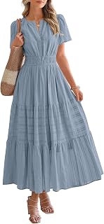 Womens Summer 2025 Casual Midi Maxi Dresses Lightweight Short Sleeve V Neck Elastic Waist Boho Beach Dress Pockets