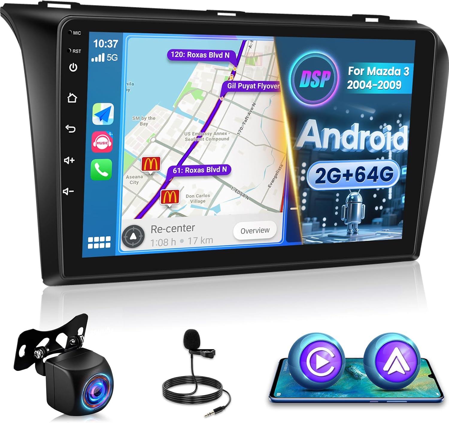 [4+64G] Upgrade Stereo for Mazda 3 2004-2009, 9 inch IPS Touchscreen Mazda3 Android Radio - Wireless Carplay and Andorid Auto, Customize Homepage, WiFi, GPS, SWC + Canbus + Rearview Camera