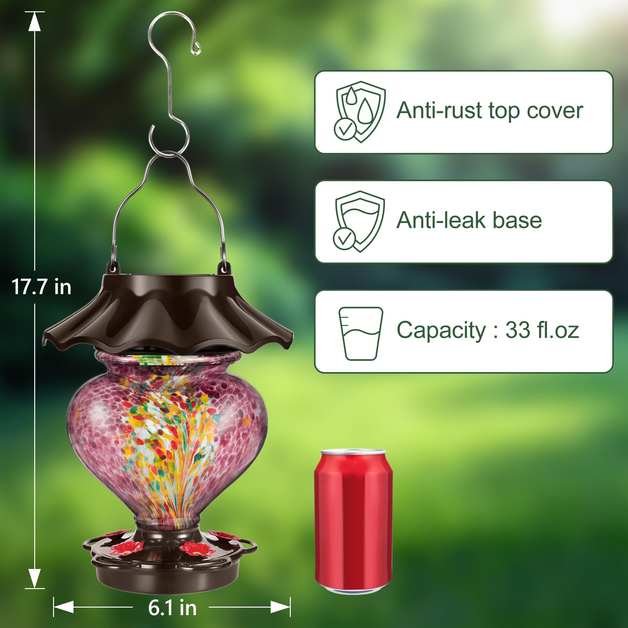 Mangiatoia solare a forma di cuore per esterni, in vetro soffiato a mano, 33 fl.oz, a prova di perdite e antiruggine, include 2 ganci per appendere, decorazione unica da giardino con LED a energia