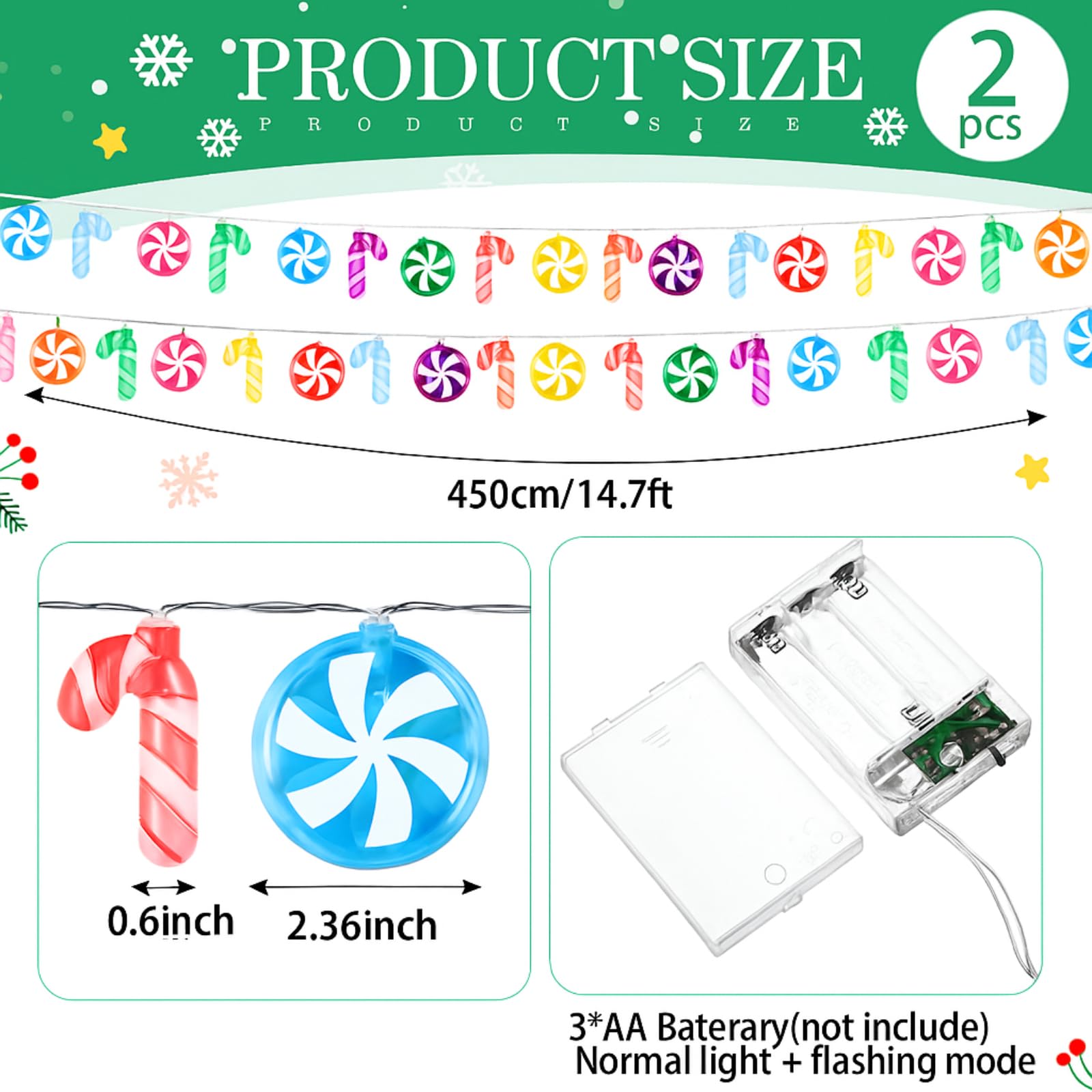 Gejoy 2 luci natalizie a forma di caramella da 3,5 m, 21 LED, a batteria, in 7 colori, simpatiche lampadine alla menta piperita, per interni ed esterni, compleanni, matrimoni, casa (lecca-lecca e