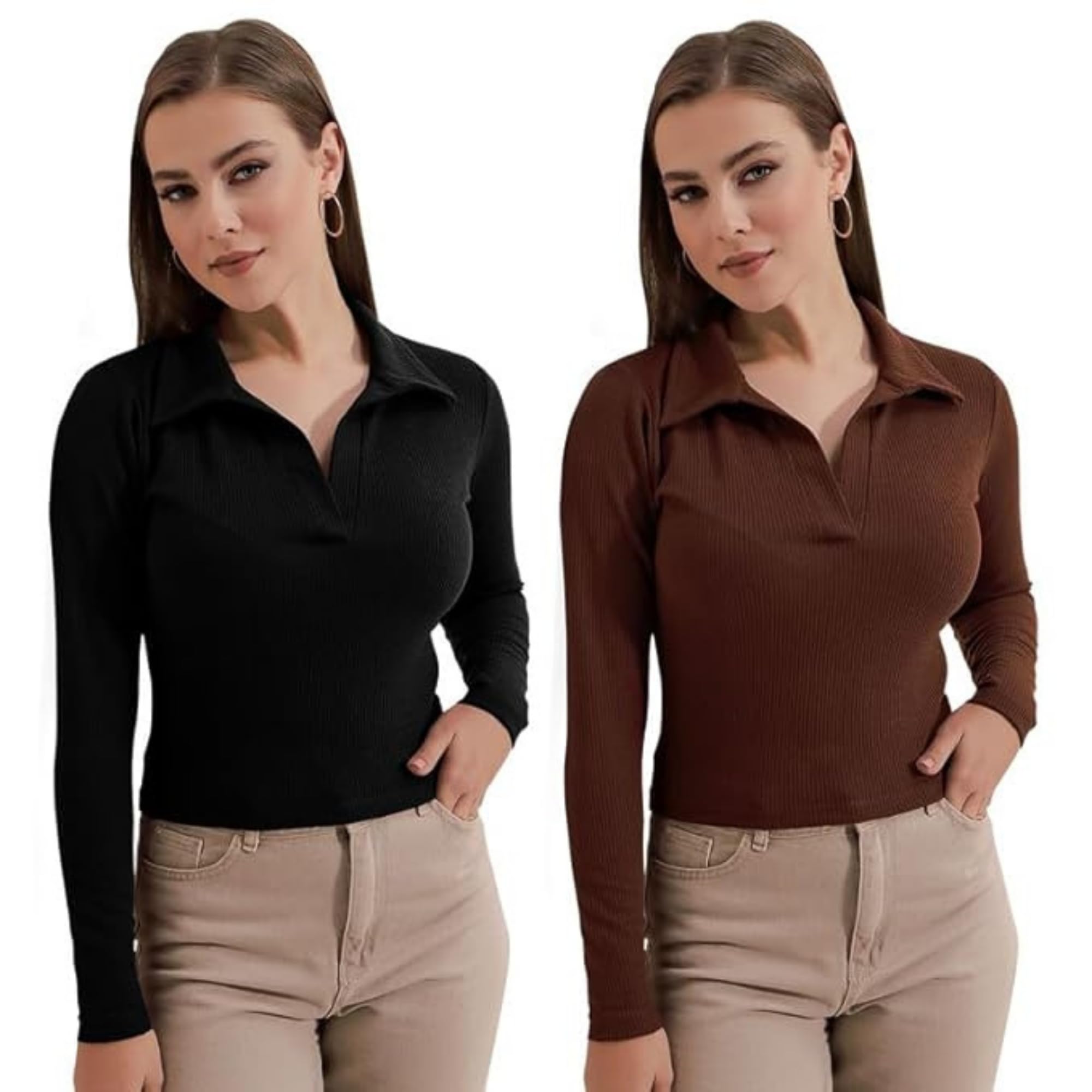 navyankaa Women's Collared Neck Long Regular Sleeve Slim Fit Casual Tee Top, 23" inches Pack of 2 (Top-Apple-P)-picture-28