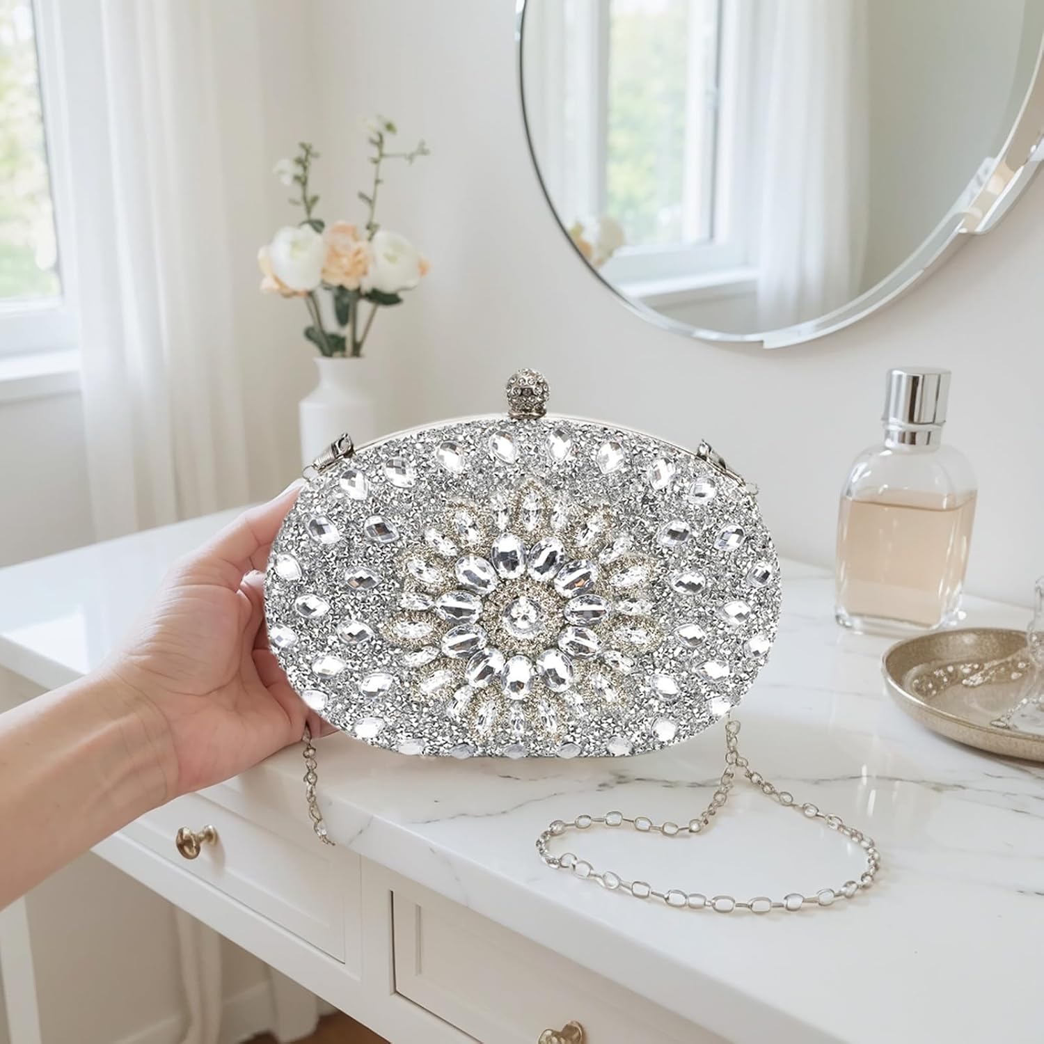WRINGKIT Rhinestone Clutch Purses for Women, Small Sparkly Silver Evening Clutch Bag, Glitter Luxury Purse Handbag Shoulder Bags for Bridal Wedding Formal Party Prom, Crystal Diamond Bag
