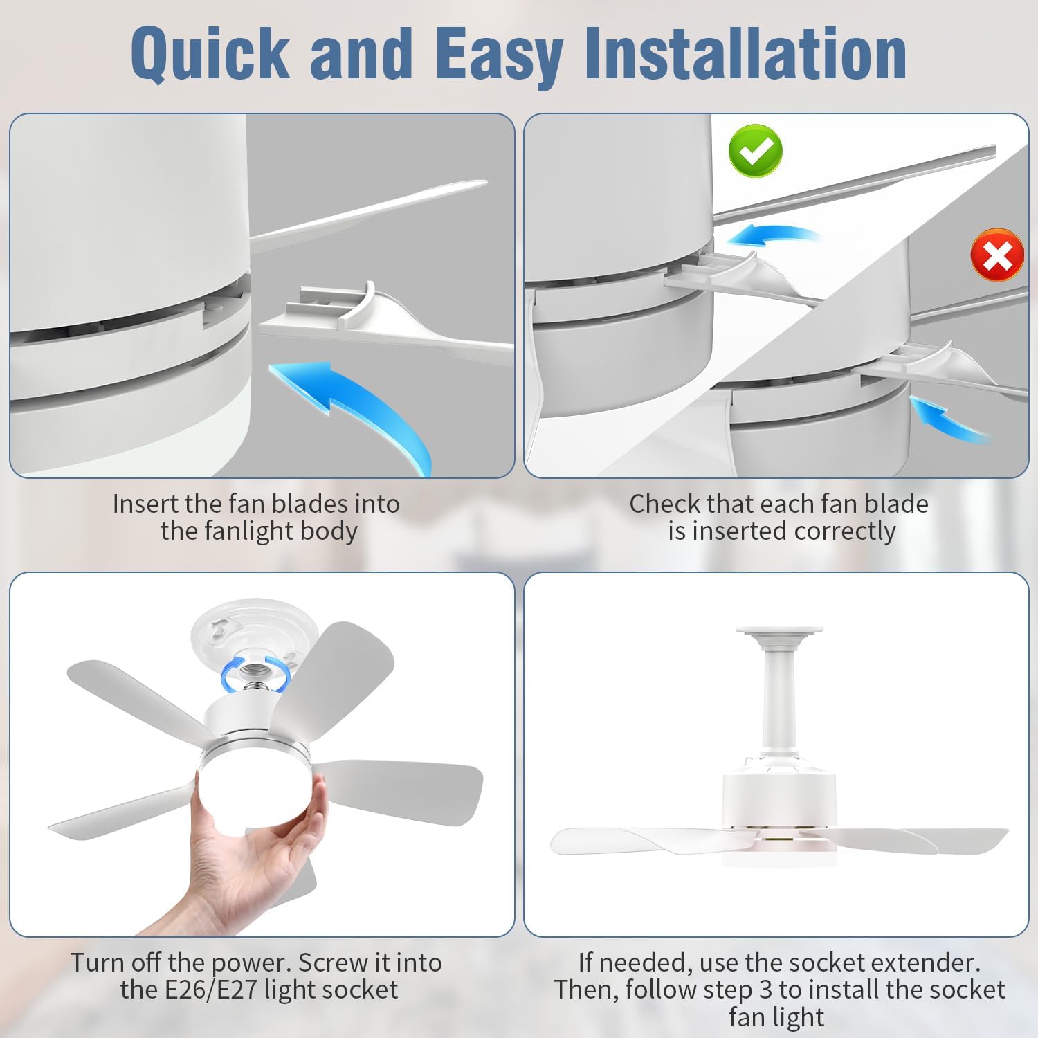 17.5" Socket Fan Light with Remote, 25W 1600 Lumens 3 Colors 3000-6000K Small Ceiling Fans with Lights 6 Speed Light Bulb Fan for Bedroom, Living Room, Kitchen, Garage