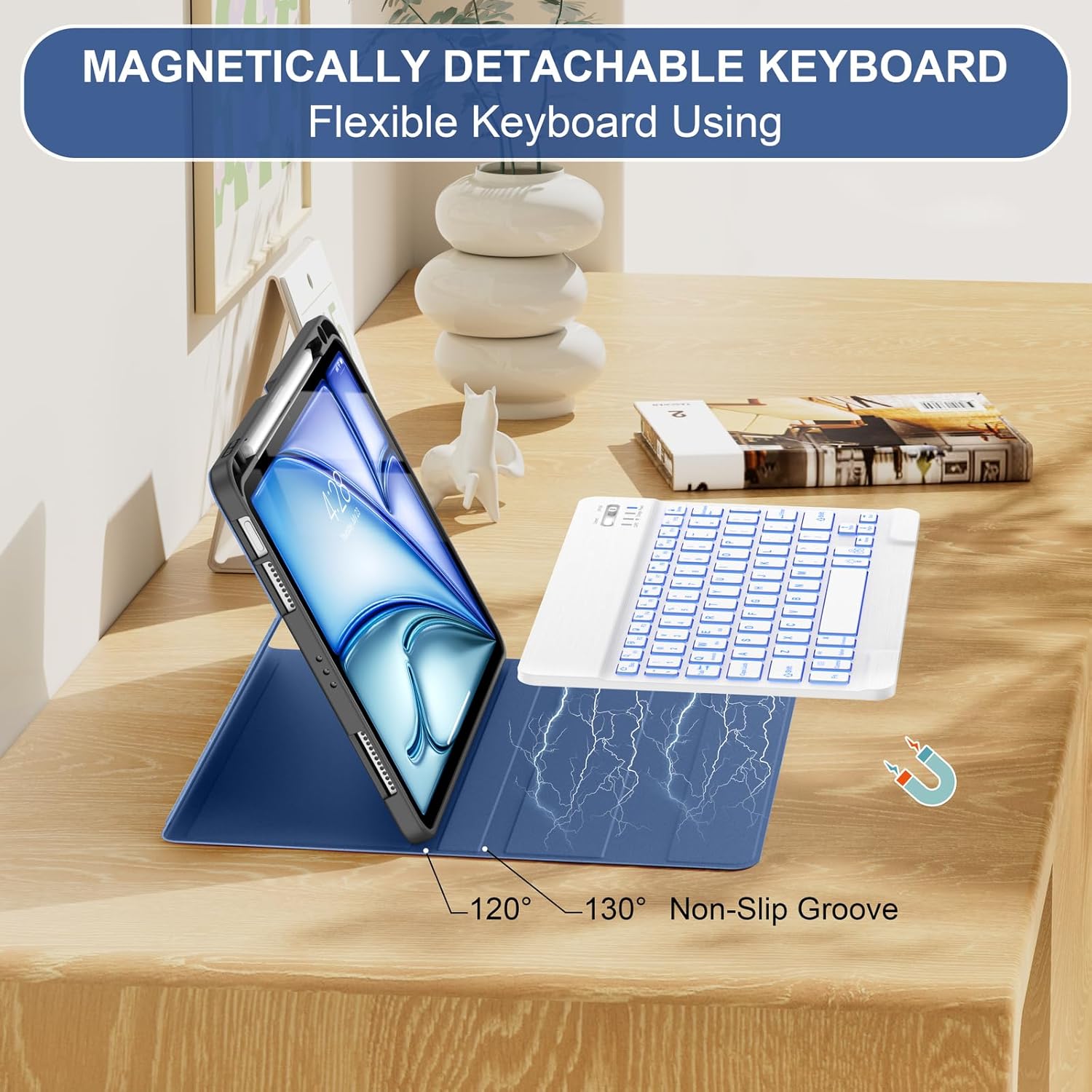 Soke Keyboard Case for iPad Air 11 Inch(M3 2025/M2 2024) & Air 5th/4th Generation - 7 Color Backlit Detachable Keyboard Cover with Pencil Holder, Ocean Marble