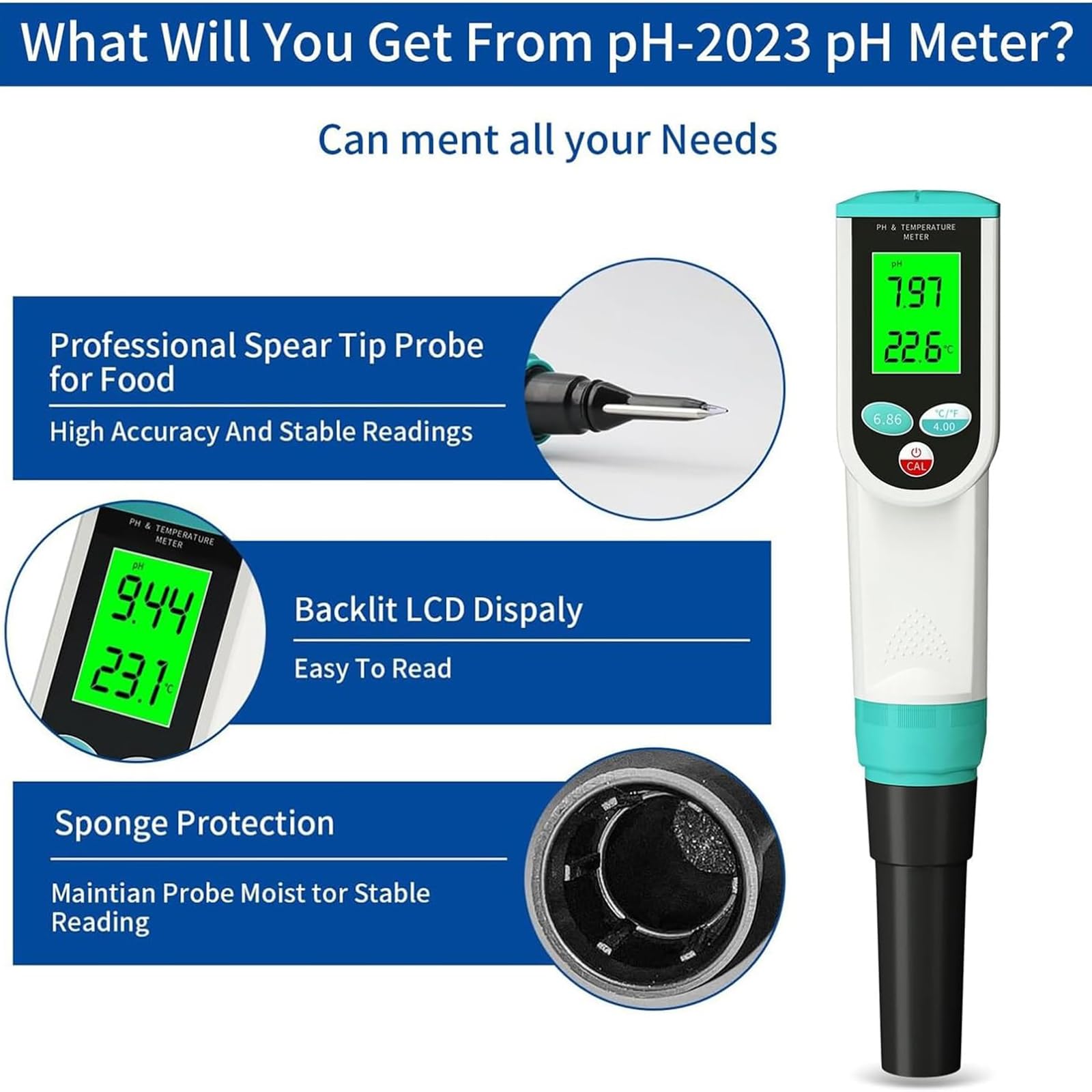 Penna Portatile Per Misurare Il PH Dell'impasto, Misuratore Digitale Di PH Per Alimenti, Con Elettrodo Sensibile Ad Alta Precisione, Ampio Schermo HD, 0,00~14,00 PH, Temperatura 0~50 ℃ Per Carn