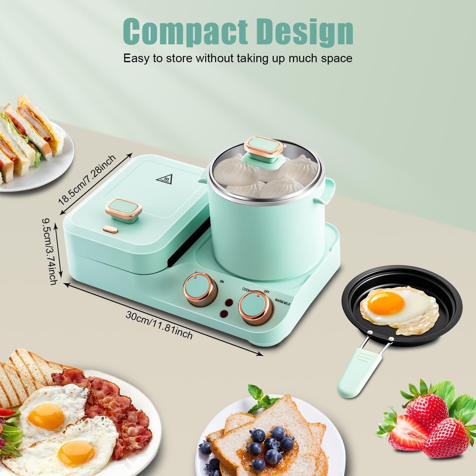 3 in 1 Breakfast Station Breakfast Station Retro Household Breakfast Maker Electric Mini Toaster Bread Breakfast Sandwich Maker with Frying Pan Boiling Pot Food Steamer for 1-2 people