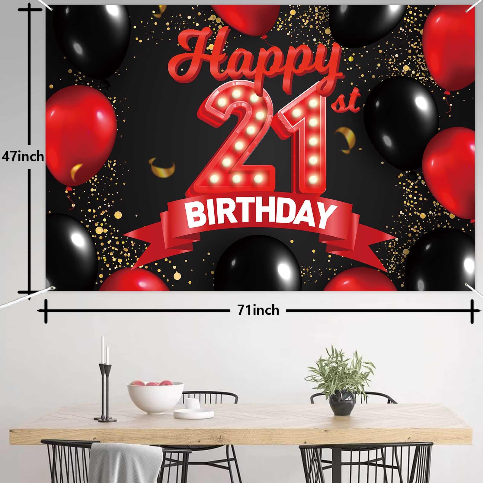 Happy 21st Birthday Red and Black Banner Backdrop Decorations Balloons Theme Decor for Girls Women Princess 21 Years Old Birthday Party Bday Photo Booth Props Supplies Background Favors Glitter Gold