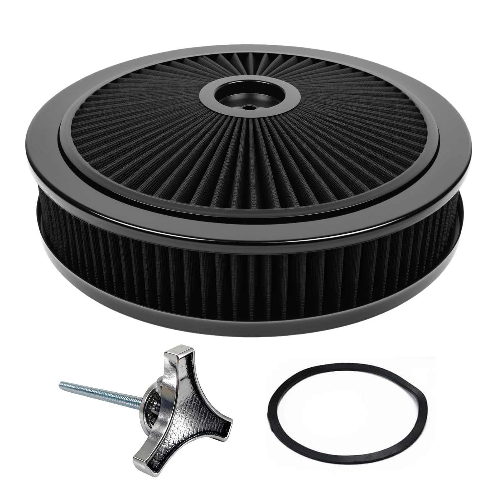 Photo 1 of BHB Air Cleaner Filter Assembly Kit Round 14"x3" High Flow W/Chrome Flow-Thru Lid 5-1/8" Carburetor Neck Compatible with GMC Chevy Ford Chrysler Dodge V8