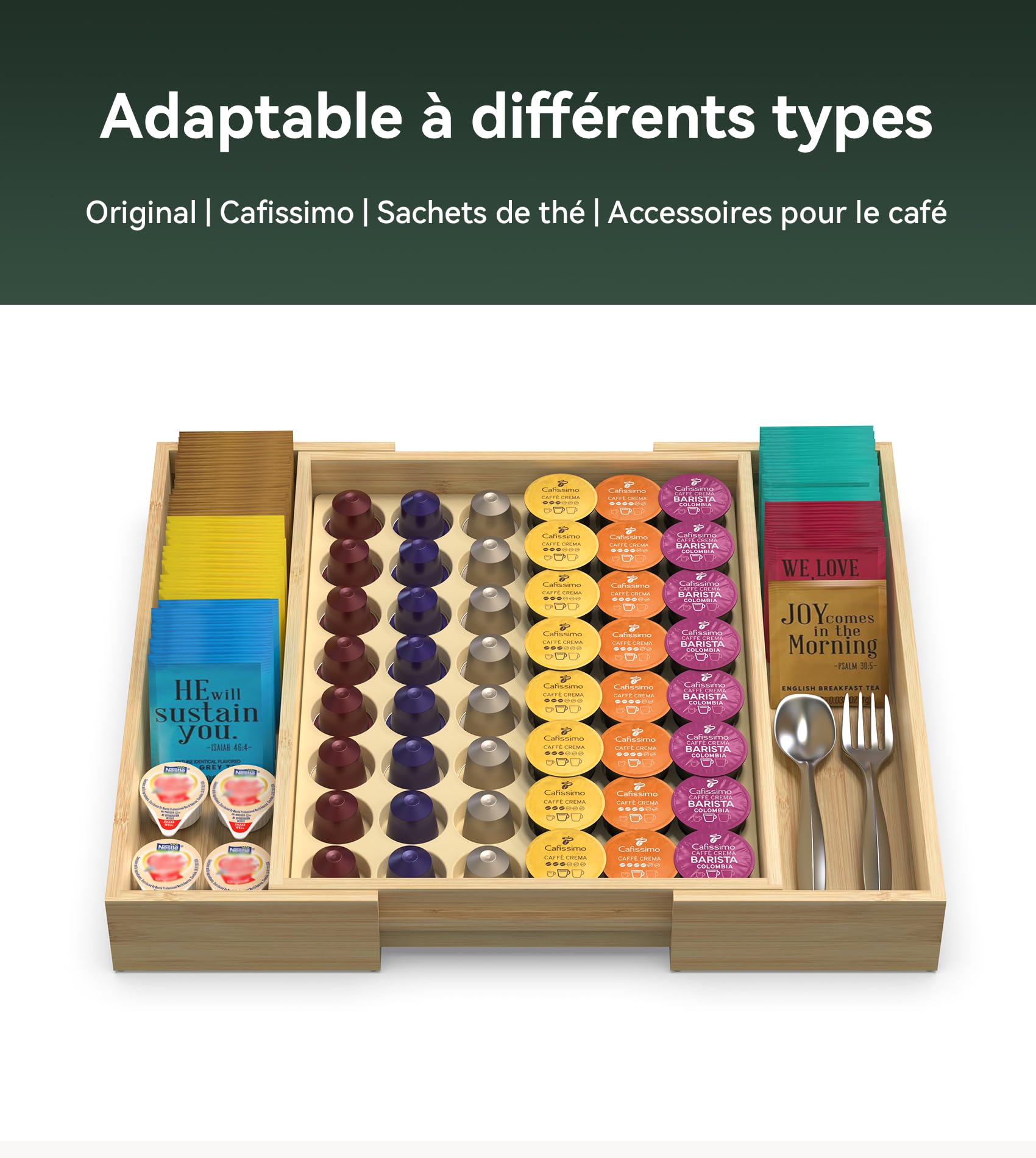 WELL WENG range-capsules à bambou extensible pour tiroir de comptoir, compatible avec les capsules Nespresso Original, capacité de 48 capsules (extensible de 29,5 cm à 45,7 cm)