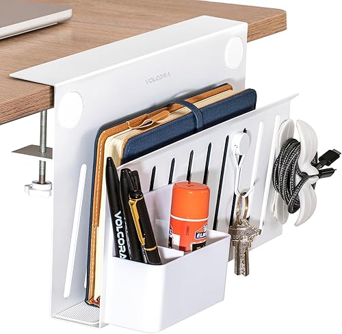 Volcora Almacenamiento lateral de escritorio soporte para laptop debajo del escritorio con caja magnética para bolígrafos, abrazadera para cable,
