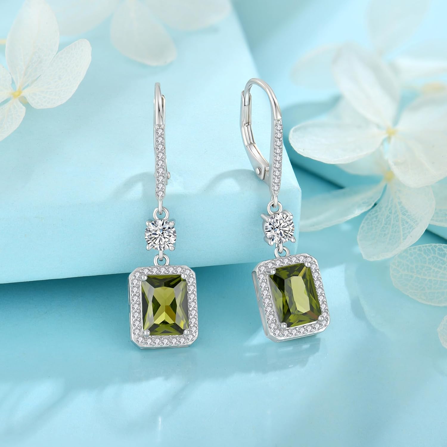 FJ Princess Cut Dangle Drop Earrings 925 Sterling Silver Square Halo Leverback Earrings Birthstone Jewelry for Women - Image 4