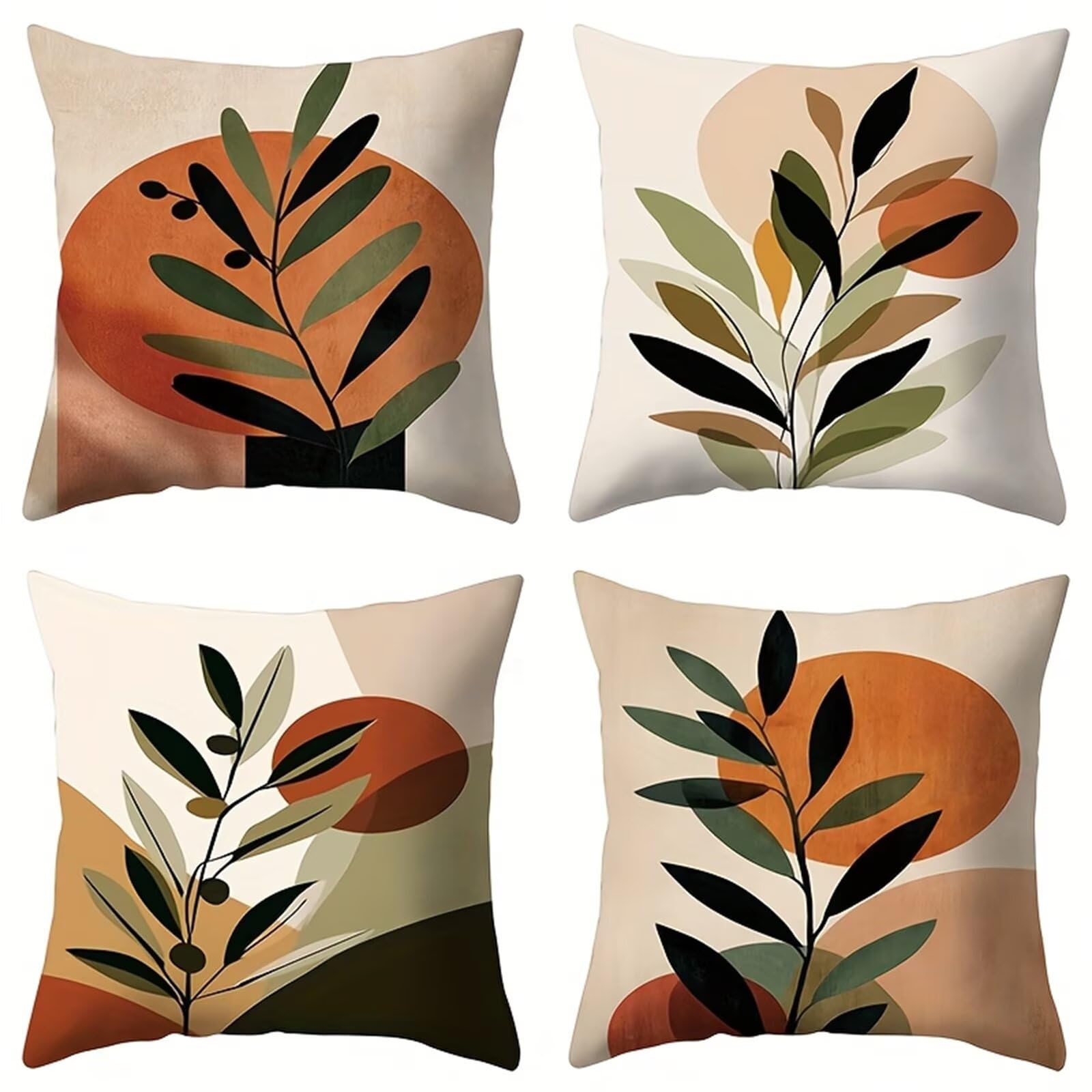QiHon Cushion Covers 60x60 cm Set of 4 Green Leaves Linen Square Pillow Cases 24x24 inch Modern Decorative Throw Pillow Covers for Sofa Couch Bedroom Home Office with Invisible Zipper