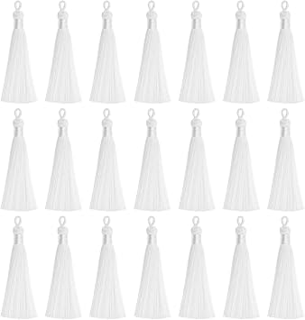 VAPKER 20pcs White Tassel Mini Silk Tassels for Craft Jewelry Making Woman, Handmade Soft Ice Silky Tassels with Loops for DIY Projects, Bookmarks8.5CM/3.5 Inches