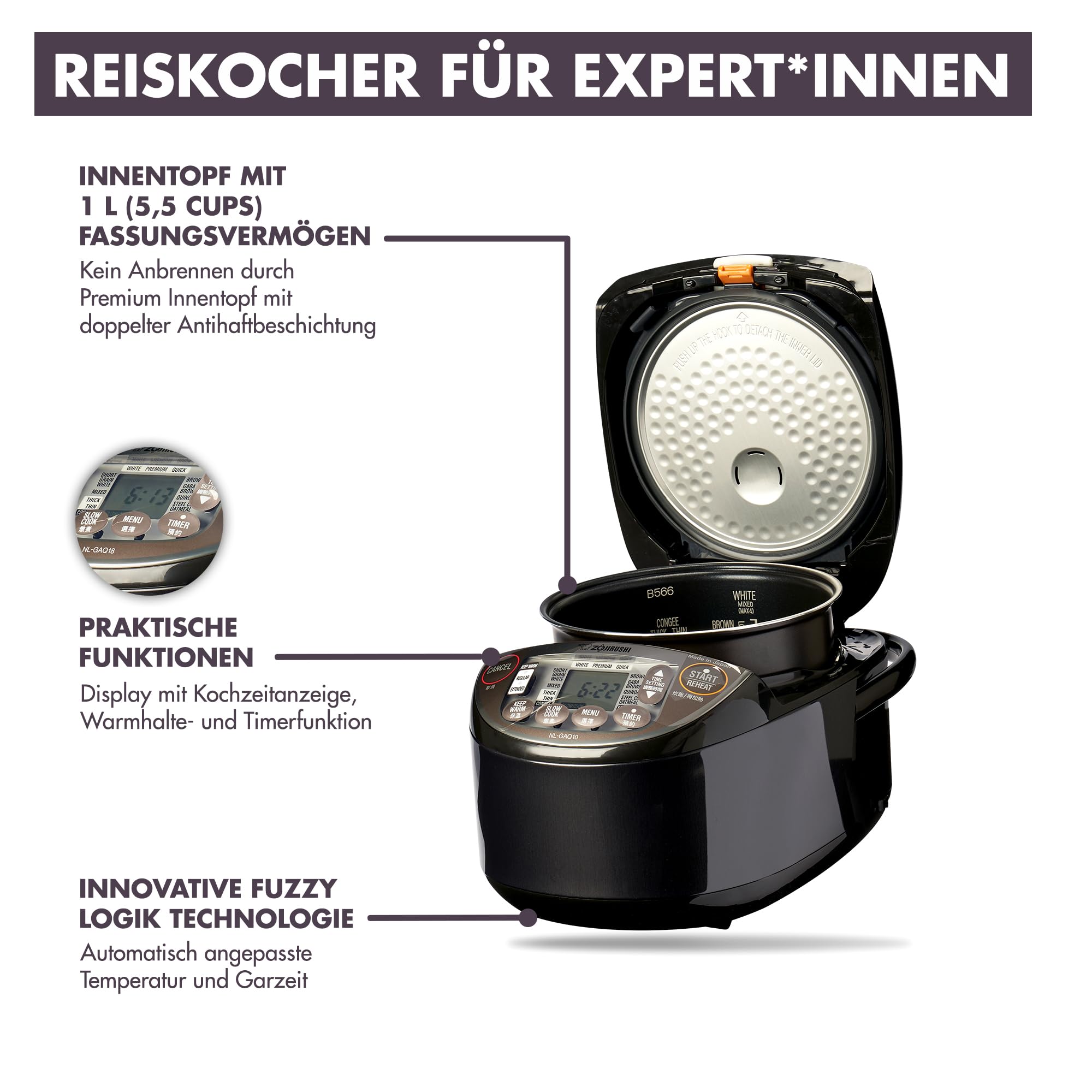 ZOJIRUSHI Premium Reiskocher NL-GAQ10 – 1,0 Liter – mit Warmhaltefunktion – inkl. Messbecher, Reislöffel und Dämpfeinsatz - Mit europäischem Netzkabel