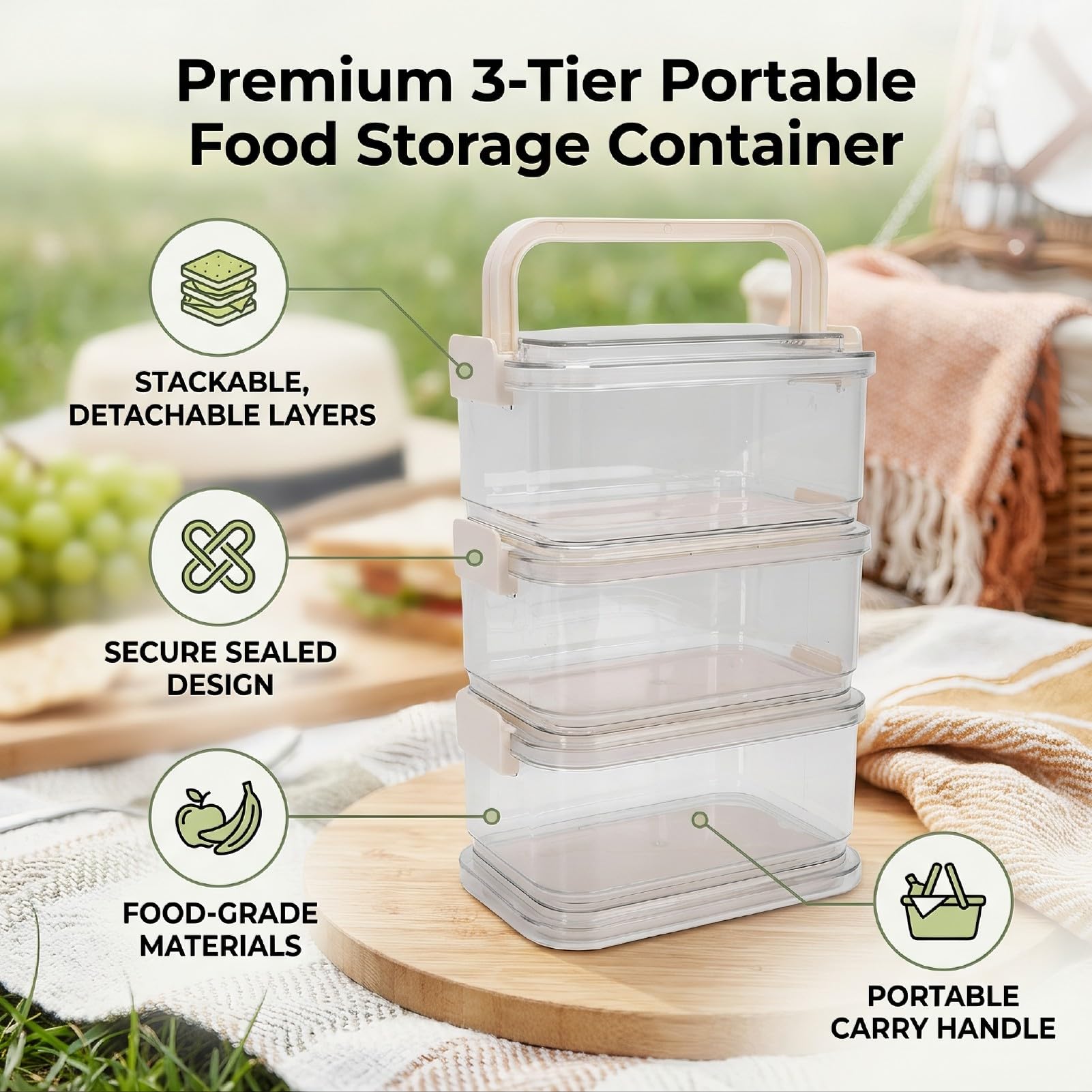 Contenitore Alimentare a 3 Livelli con Coperchio Bianco Latte, | Scatola per alimenti sigillata portatile con forchetta per picnic da campeggio all\'aperto, contenitore per frutta