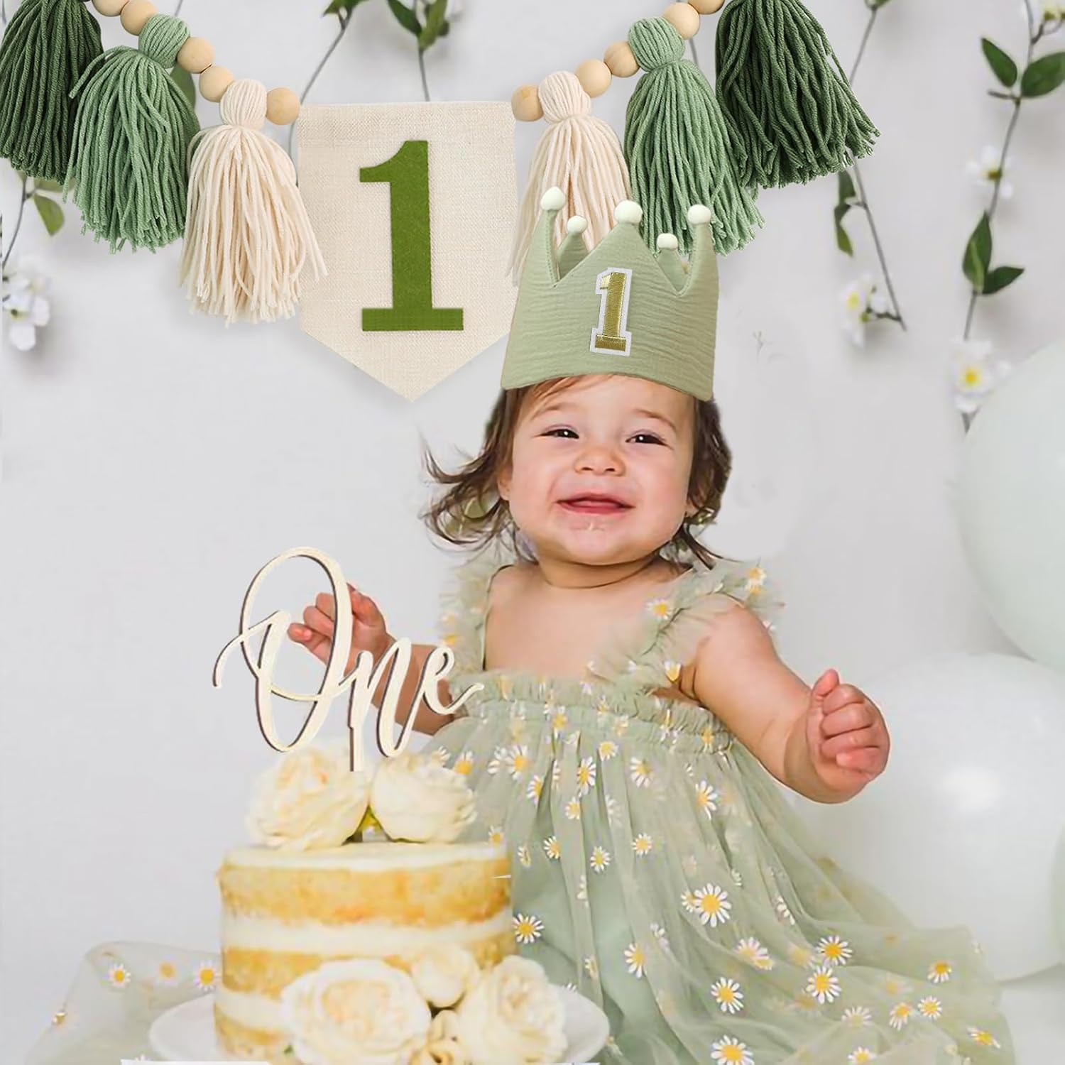 Handmade Boho 1st Birthday High Chair Banner Boho 1st Birthday Hat Decorations Party for Girl Baby Shower Green Wall Hangings Decorative for Kids Bedroom