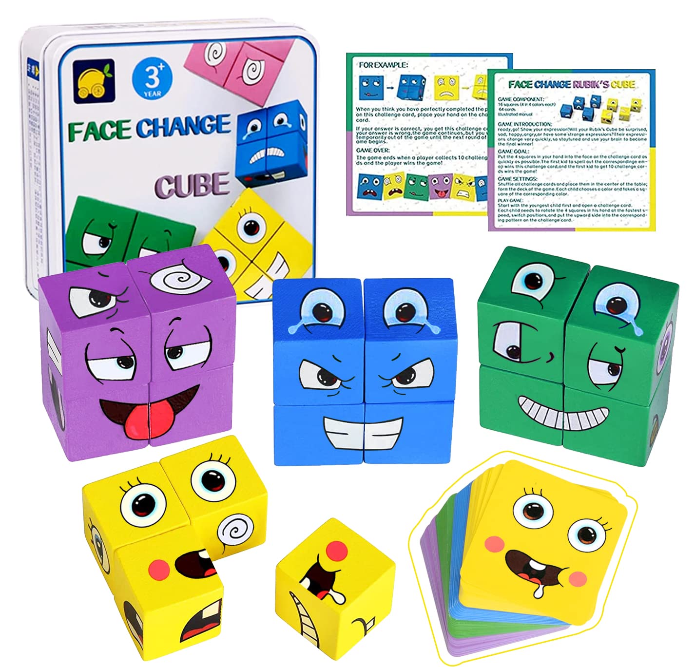 Wooden Expressions Matching Block Puzzles Building Cubes Toy Board Games for Family Night,Wooden Magic Cube Game,Educational Montessori Toys Parent-Child Board Games for Kids Ages 3 Years and Up