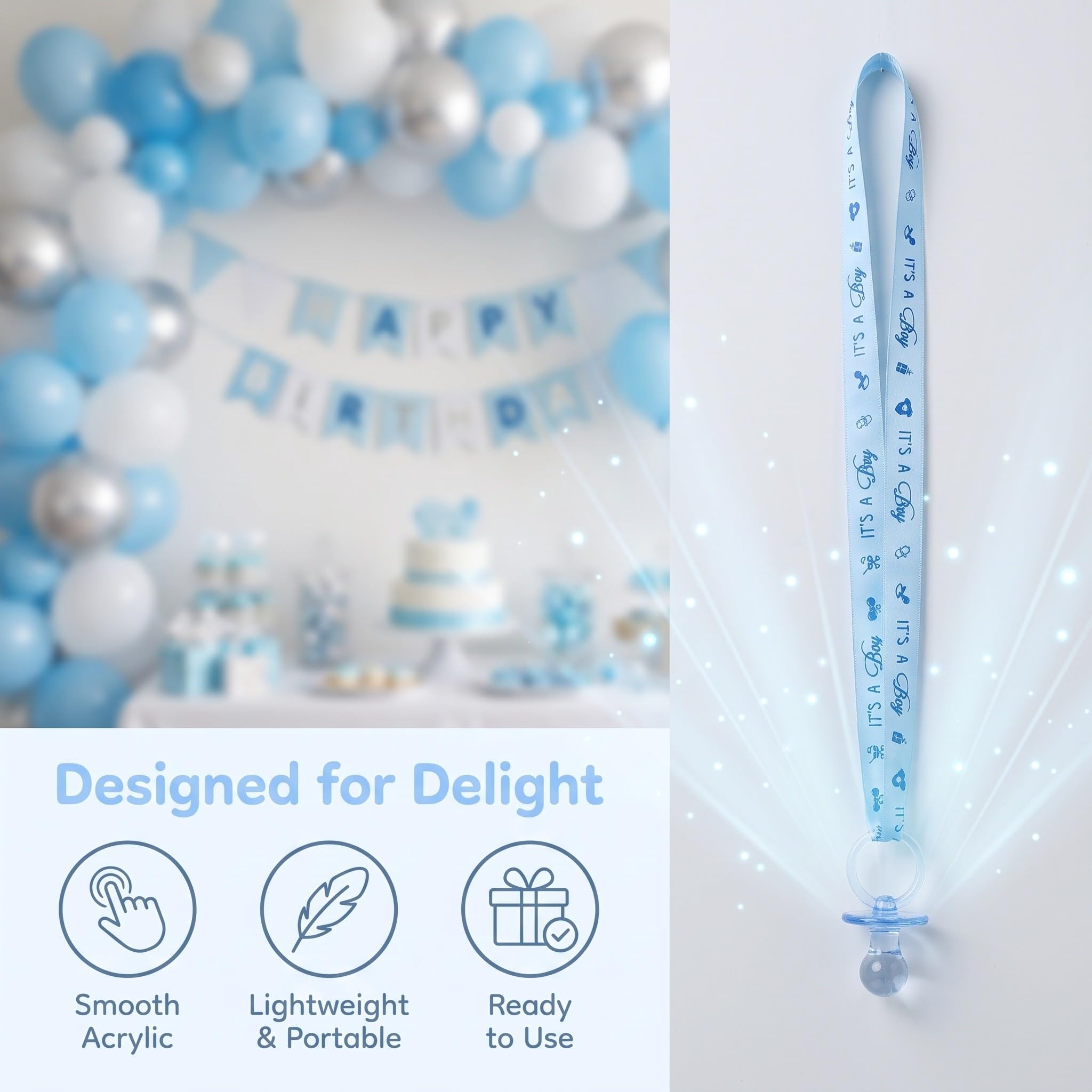Artibetter Collana con ciuccio per baby shower da 36 pezzi - Ciucci in acrilico, bomboniere per feste con nastro per decorazioni di giochi per baby shower, regali da tavolo, rosa, blu
