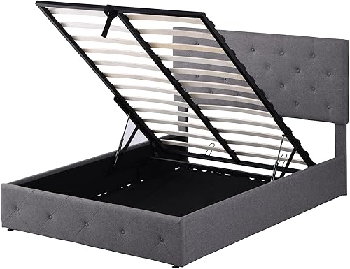 Miniatura 6 de Cama de plataforma tapizada de tamaño matrimonial con espacio de almacenamiento, cama tapizada de madera con cabecera y sistema de almacenamiento