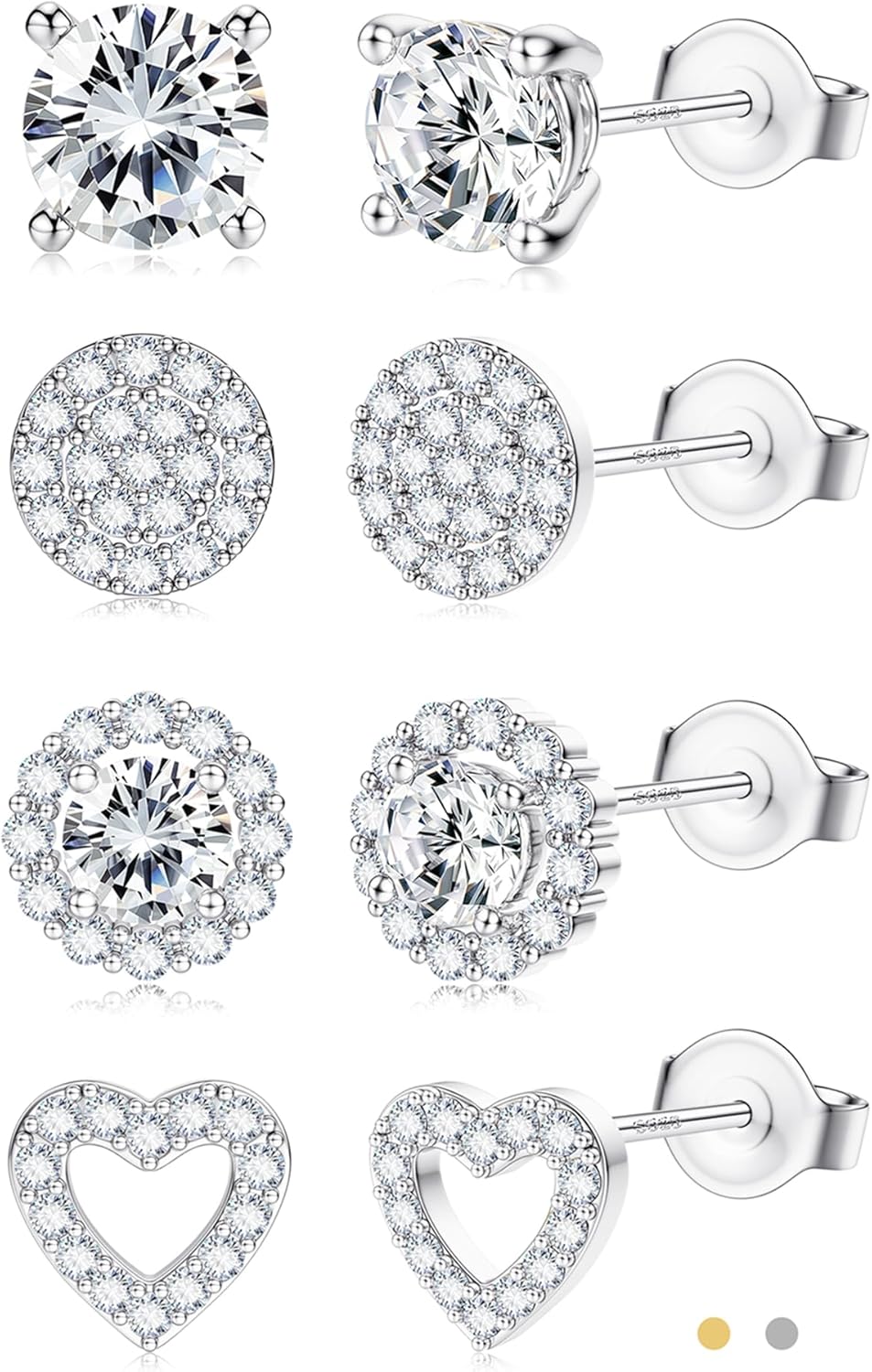 SAILIMUE Hypoallergenic Sterling Silver Stud Earrings for Women Men Brilliant Heart Knot Round Cubic Zirconia Earring Studs for Sensitive Ears Gold Silver Tone