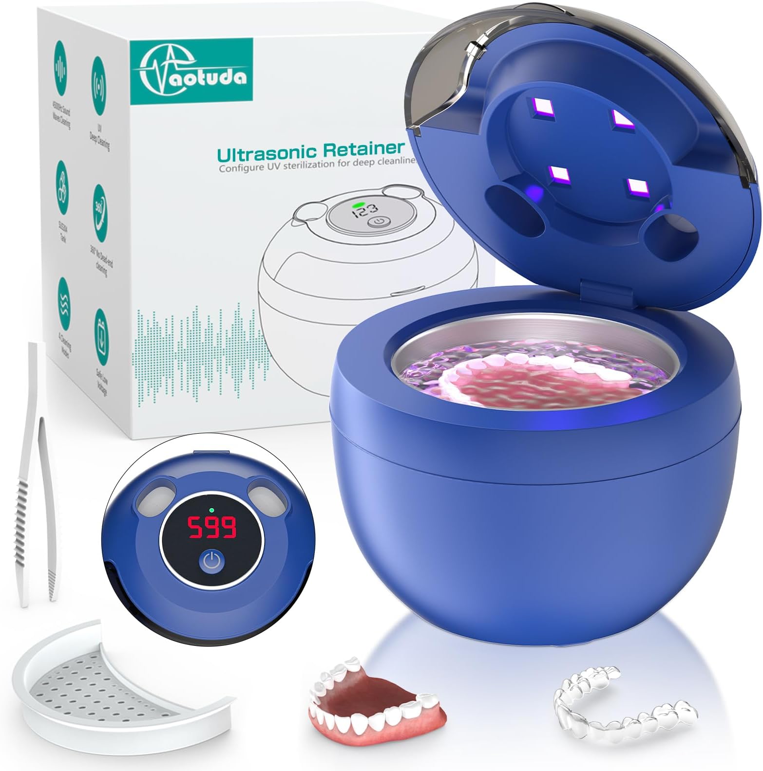 45kHz Ultrasonic Retainer Cleaner Machine, 200ML Denture Cleaner, 4 Modes with Digital Timer Mouth Guard Cleaner for Aligner, Night Guard, Braces, Toothbrush, Jewelry and More (Navy Blue)